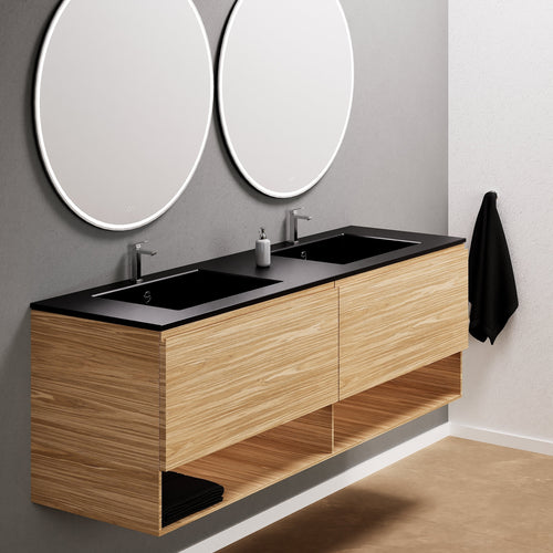 Aurora Double Set – Corian Sinks & Countertop with 2 Drawers Vanity & Bottom Shelves - ROVALUX