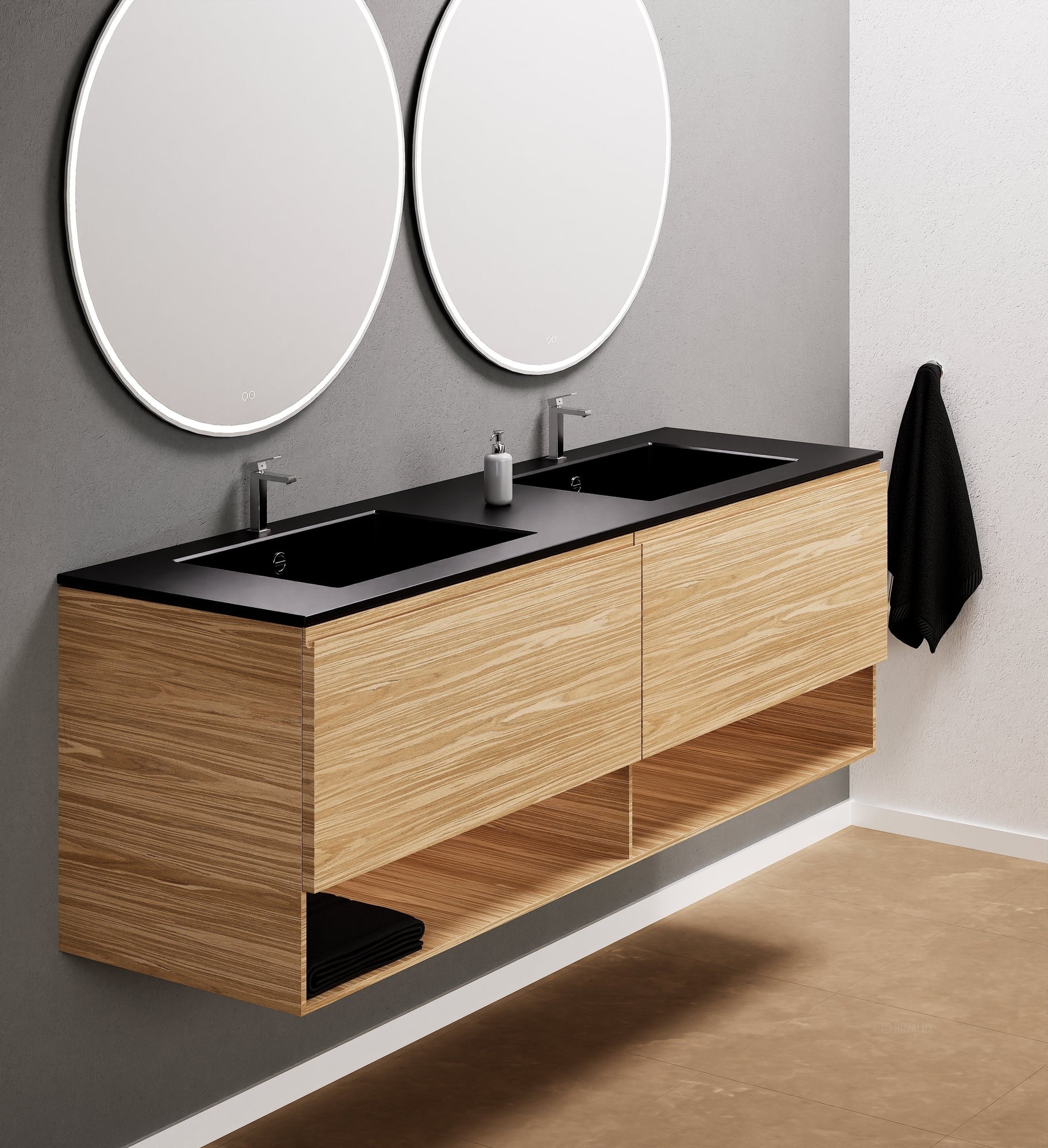 Aurora Double Set – Corian Sinks & Countertop with 2 Drawers Vanity & Bottom Shelves - ROVALUX