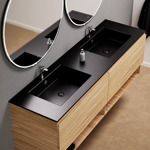 Aurora Double Set – Corian Sinks & Countertop with 2 Drawers Vanity & Bottom Shelves - ROVALUX