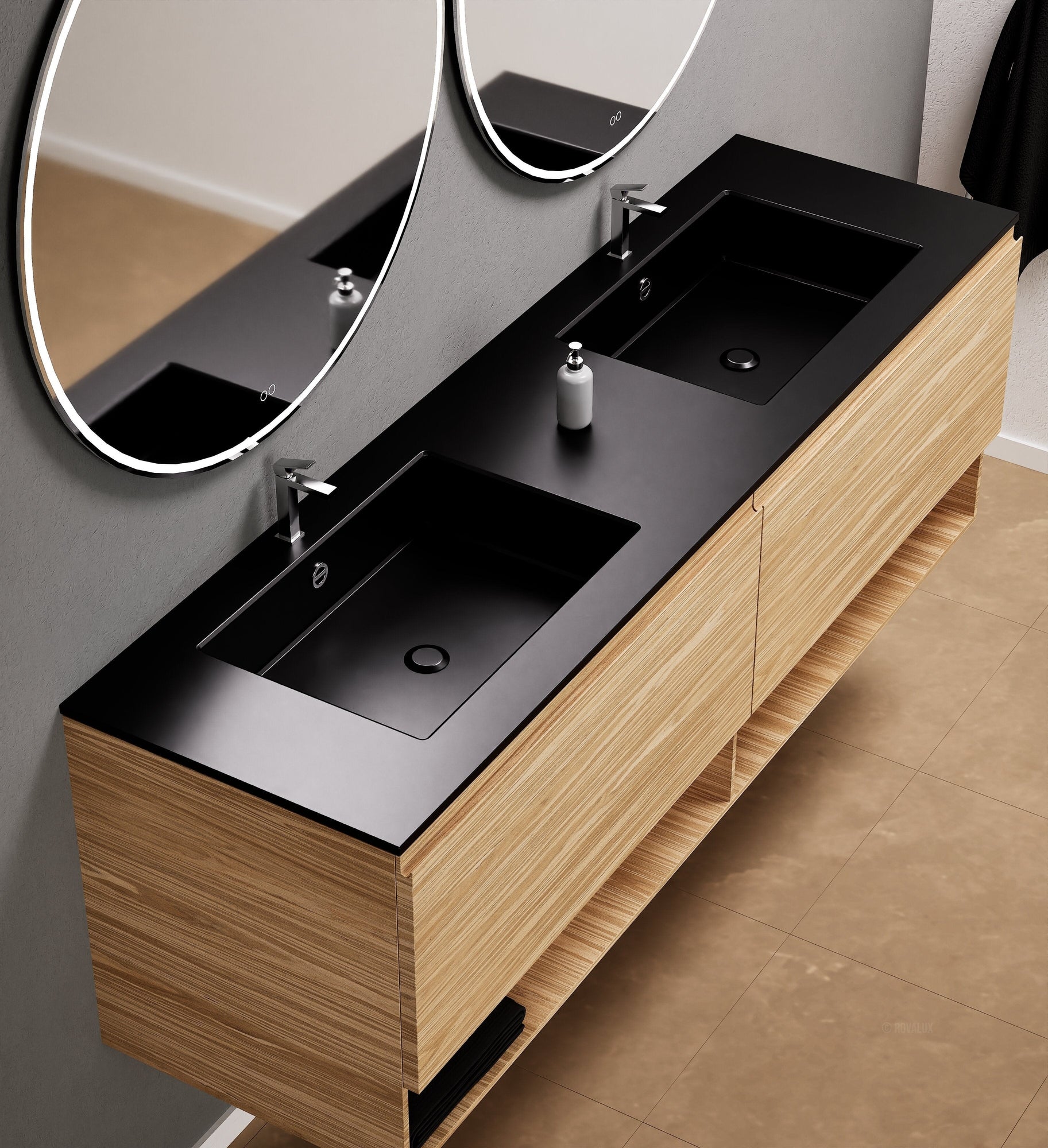 Aurora Double Set – Corian Sinks & Countertop with 2 Drawers Vanity & Bottom Shelves - ROVALUX