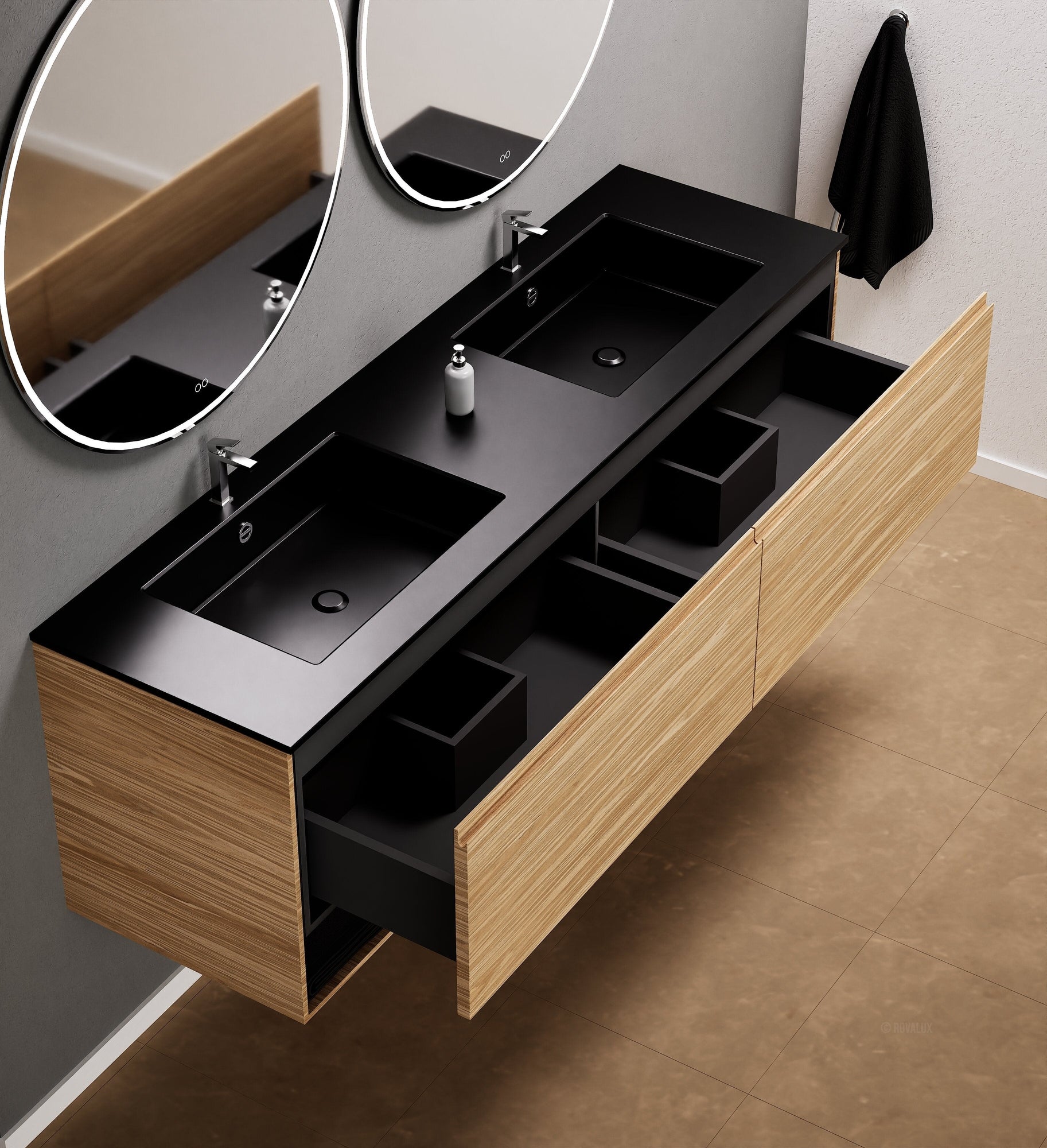 Aurora Double Set – Corian Sinks & Countertop with 2 Drawers Vanity & Bottom Shelves - ROVALUX