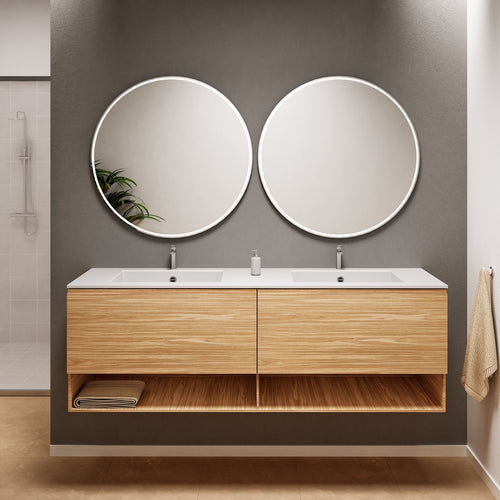Aurora Double Set – Corian Sinks & Countertop with 2 Drawers Vanity & Bottom Shelves - ROVALUX