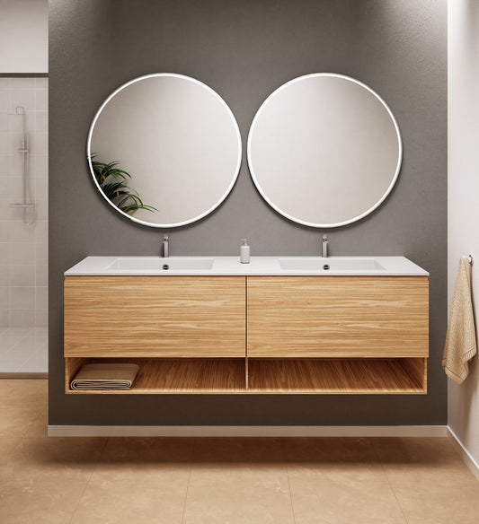 Aurora Double Set – Corian Sinks & Countertop with 2 Drawers Vanity & Bottom Shelves - ROVALUX