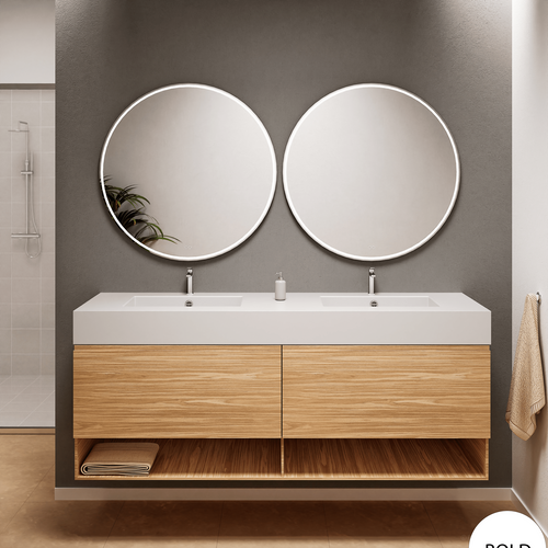 Aurora Double Set – Corian Sinks & Countertop with 2 Drawers Vanity & Bottom Shelves - ROVALUX