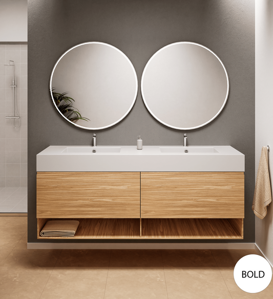 Aurora Double Set – Corian Sinks & Countertop with 2 Drawers Vanity & Bottom Shelves - ROVALUX