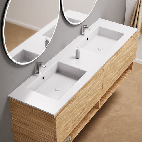 Aurora Double Set – Corian Sinks & Countertop with 2 Drawers Vanity & Bottom Shelves - ROVALUX