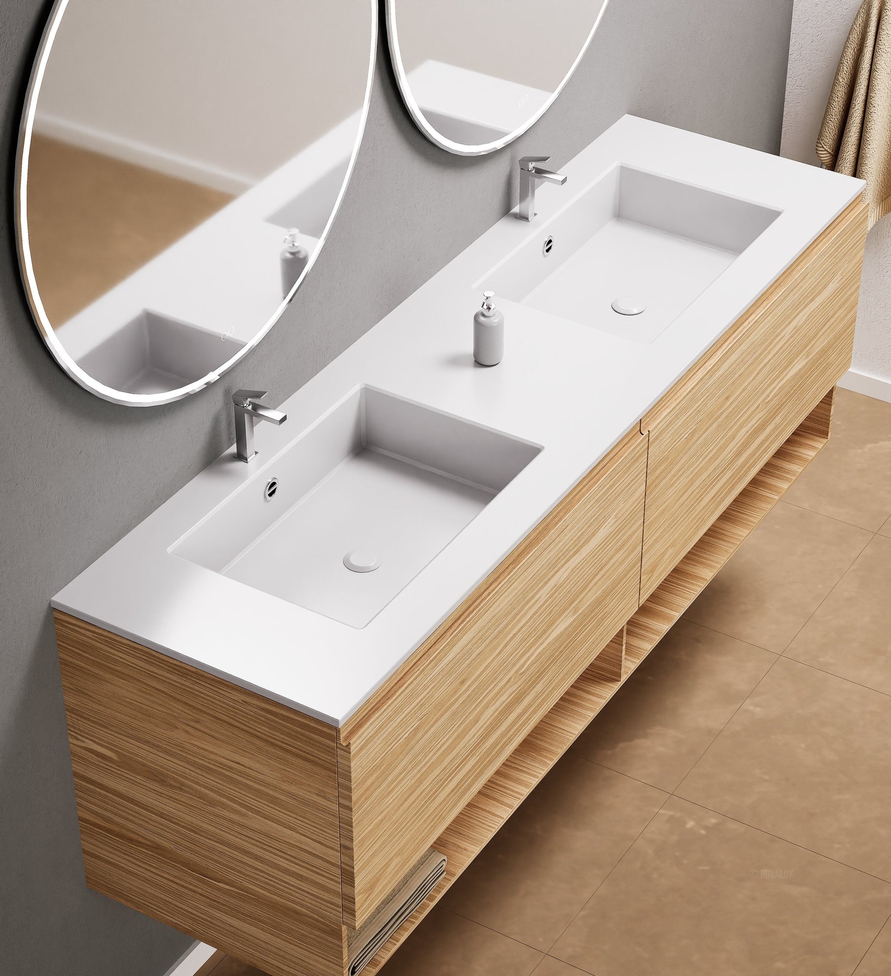 Aurora Double Set – Corian Sinks & Countertop with 2 Drawers Vanity & Bottom Shelves - ROVALUX