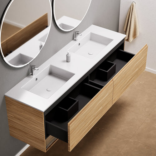 Aurora Double Set – Corian Sinks & Countertop with 2 Drawers Vanity & Bottom Shelves - ROVALUX
