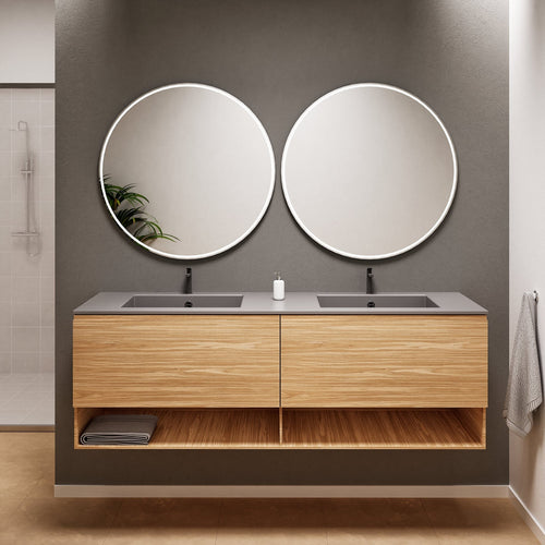 Aurora Double Set – Corian Sinks & Countertop with 2 Drawers Vanity & Bottom Shelves - ROVALUX