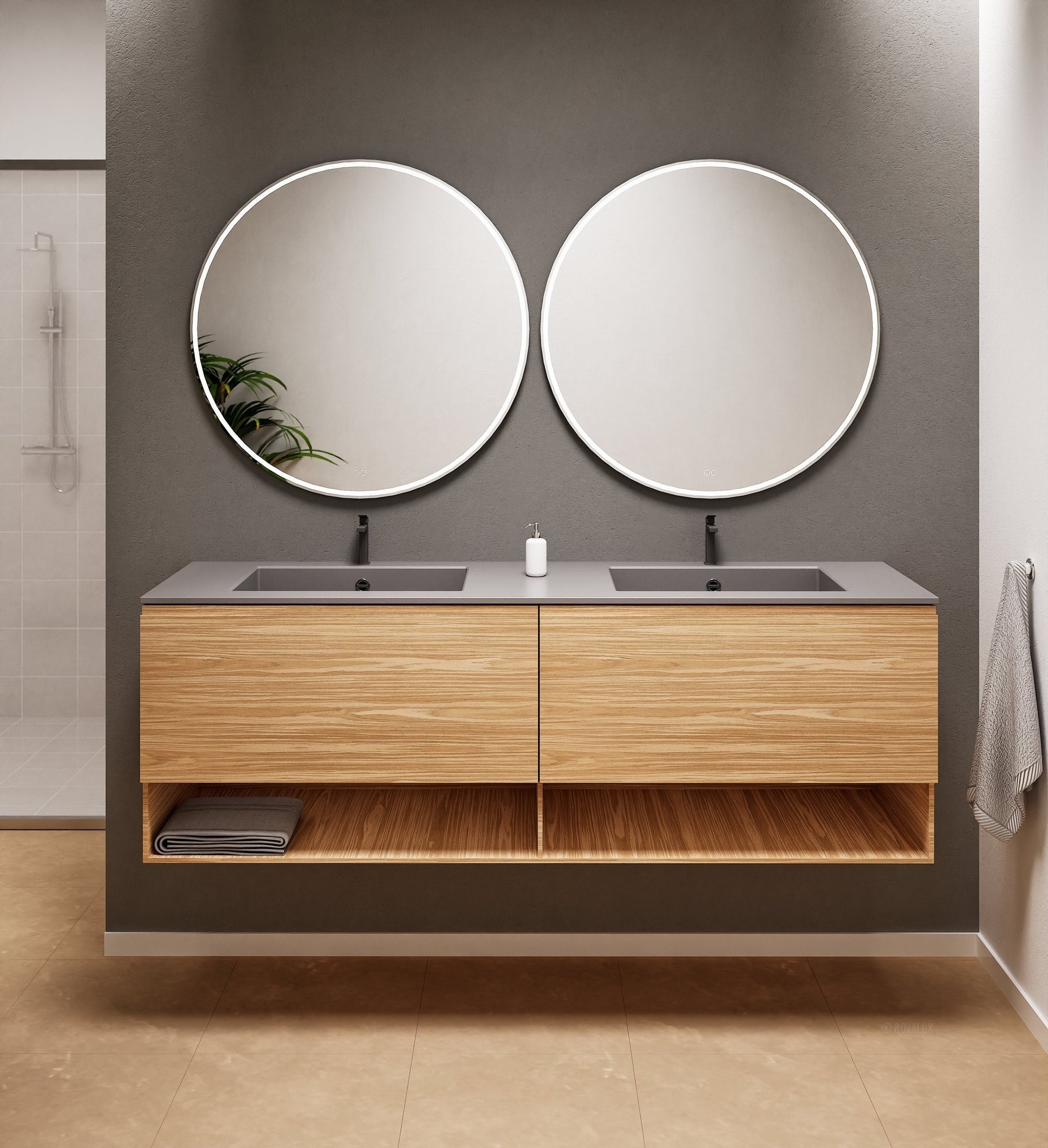Aurora Double Set – Corian Sinks & Countertop with 2 Drawers Vanity & Bottom Shelves - ROVALUX