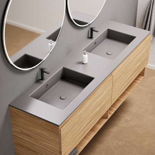 Aurora Double Set – Corian Sinks & Countertop with 2 Drawers Vanity & Bottom Shelves - ROVALUX