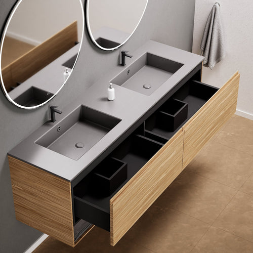 Aurora Double Set – Corian Sinks & Countertop with 2 Drawers Vanity & Bottom Shelves - ROVALUX