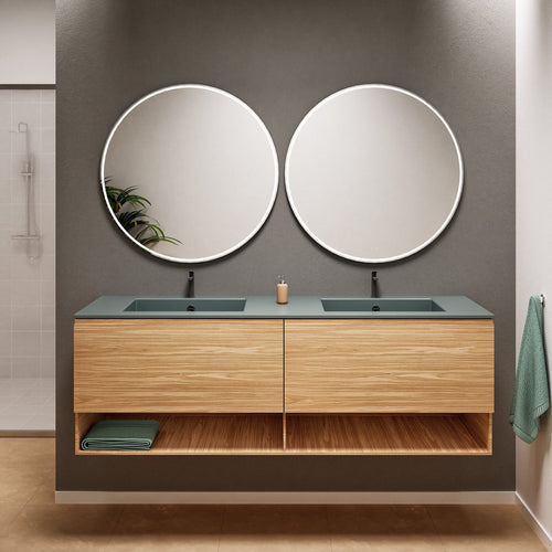 Aurora Double Set – Corian Sinks & Countertop with 2 Drawers Vanity & Bottom Shelves - ROVALUX