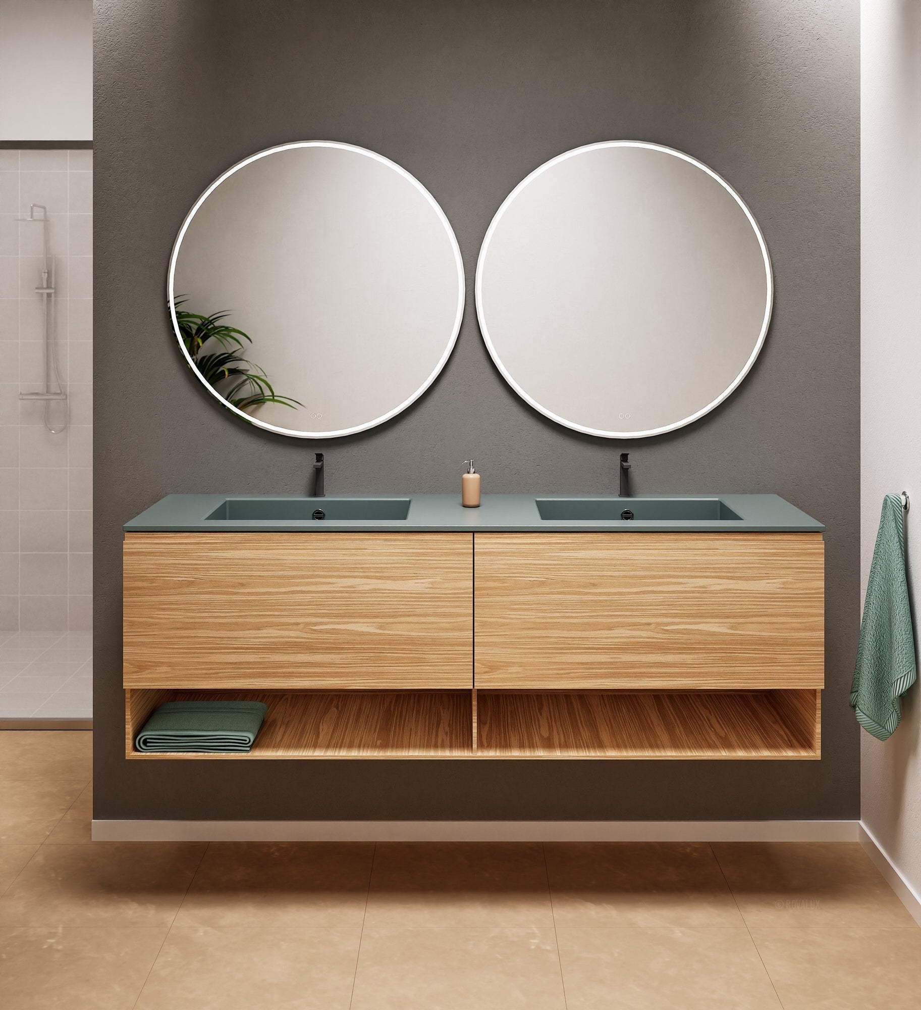 Aurora Double Set – Corian Sinks & Countertop with 2 Drawers Vanity & Bottom Shelves - ROVALUX