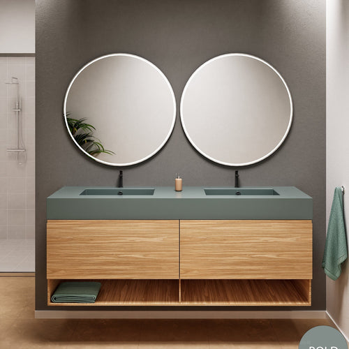 Aurora Double Set – Corian Sinks & Countertop with 2 Drawers Vanity & Bottom Shelves - ROVALUX