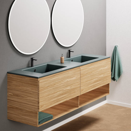 Aurora Double Set – Corian Sinks & Countertop with 2 Drawers Vanity & Bottom Shelves - ROVALUX