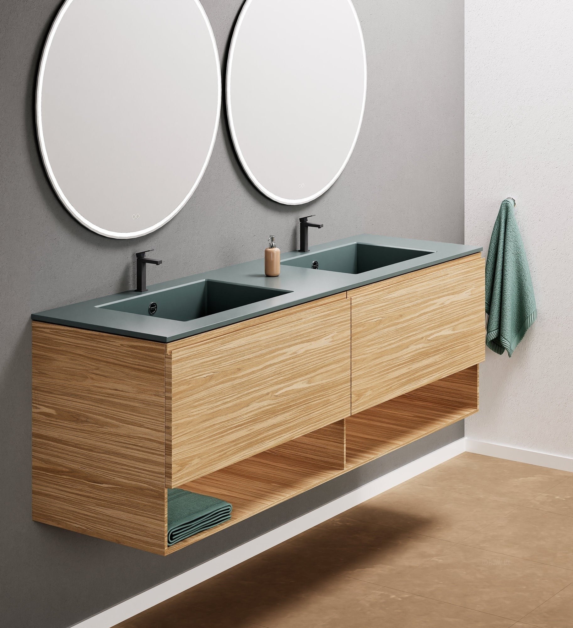 Aurora Double Set – Corian Sinks & Countertop with 2 Drawers Vanity & Bottom Shelves - ROVALUX