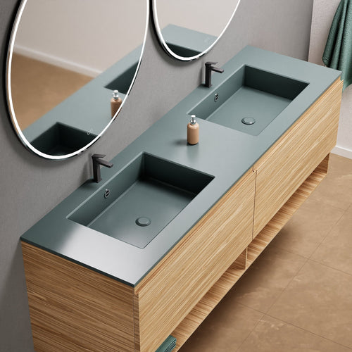 Aurora Double Set – Corian Sinks & Countertop with 2 Drawers Vanity & Bottom Shelves - ROVALUX