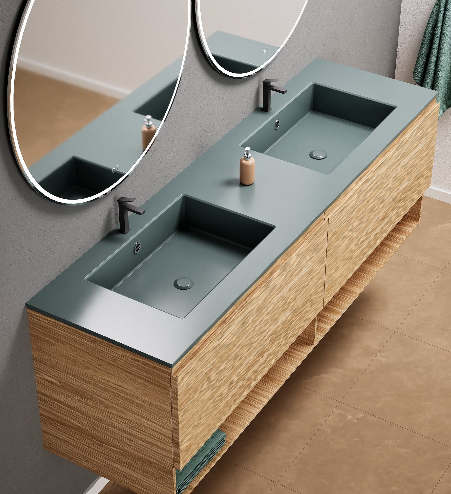 Aurora Double Set – Corian Sinks & Countertop with 2 Drawers Vanity & Bottom Shelves - ROVALUX