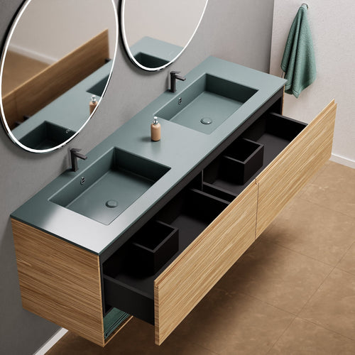 Aurora Double Set – Corian Sinks & Countertop with 2 Drawers Vanity & Bottom Shelves - ROVALUX