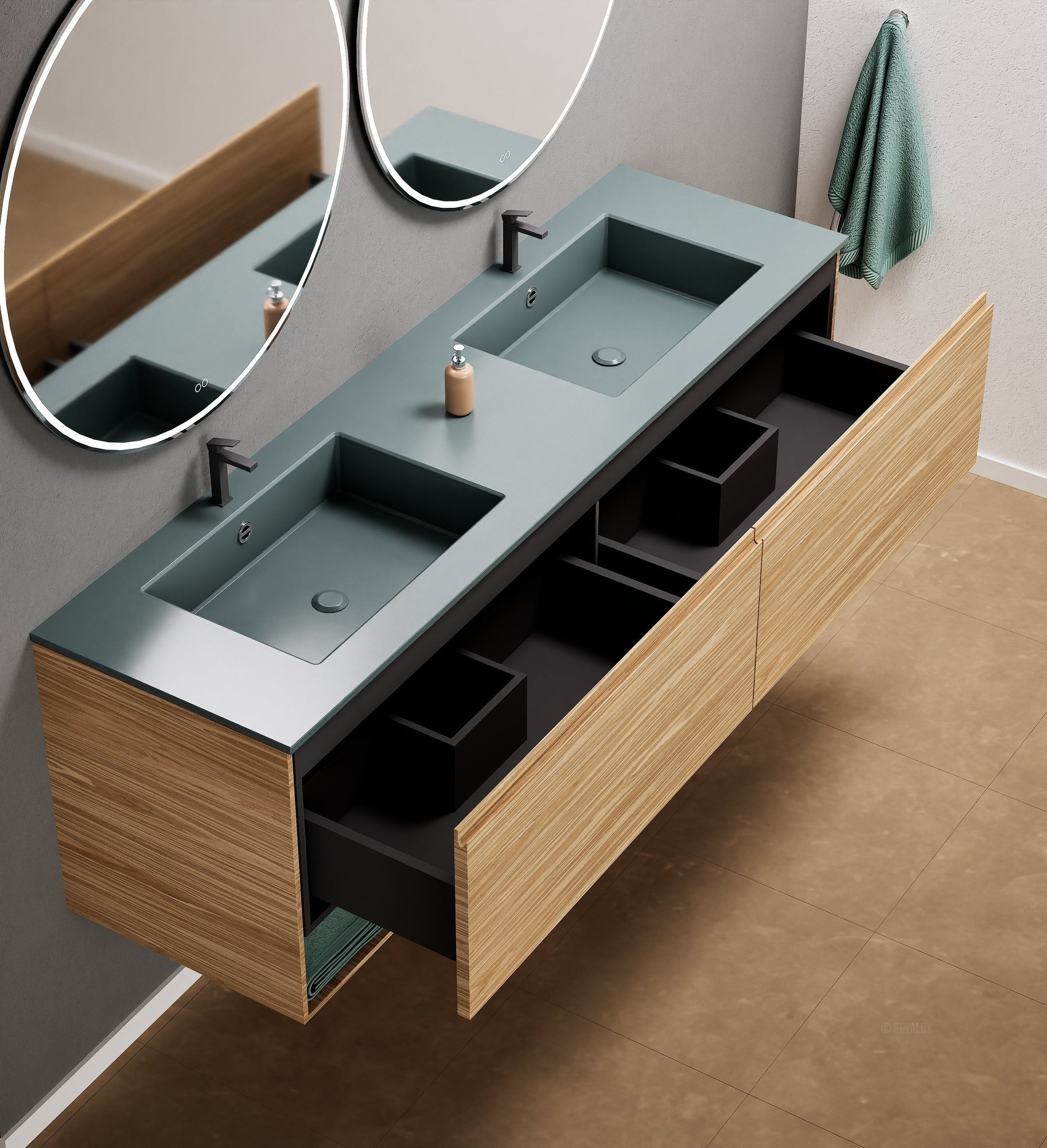 Aurora Double Set – Corian Sinks & Countertop with 2 Drawers Vanity & Bottom Shelves - ROVALUX