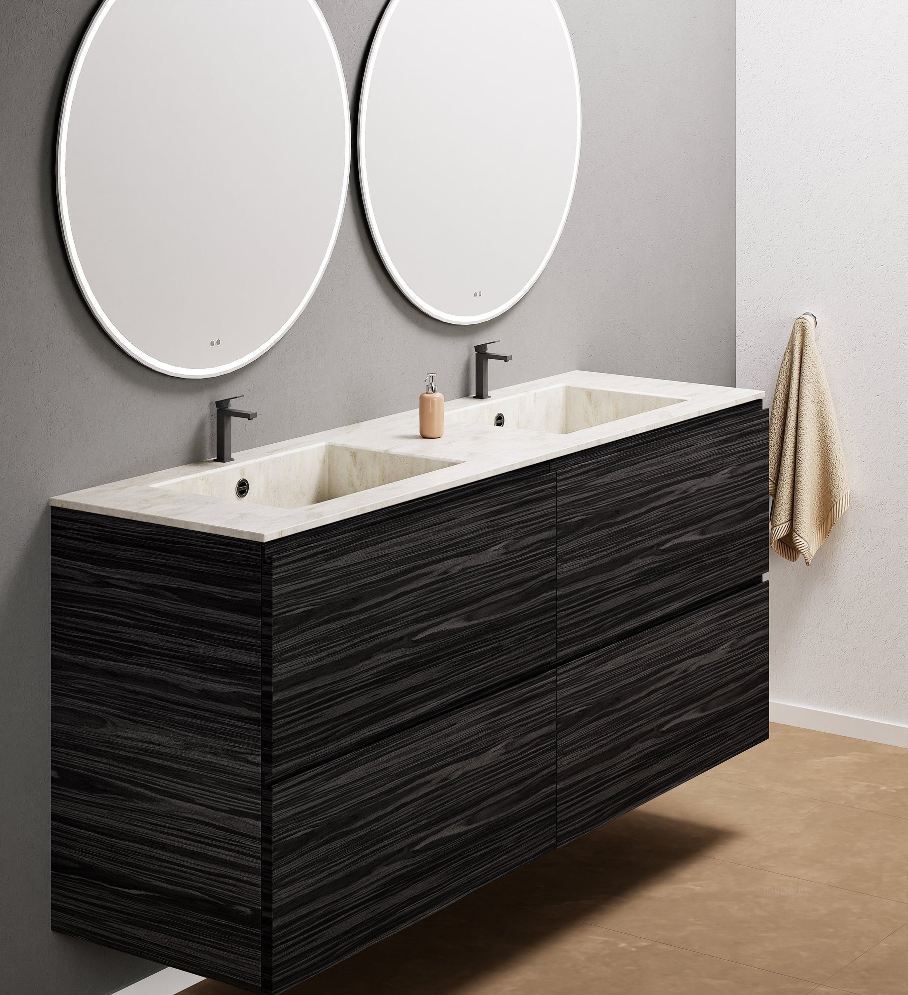 Aurora Double Set Classic – Corian Double Sinks & Countertop with 4 Drawers Vanity - ROVALUX