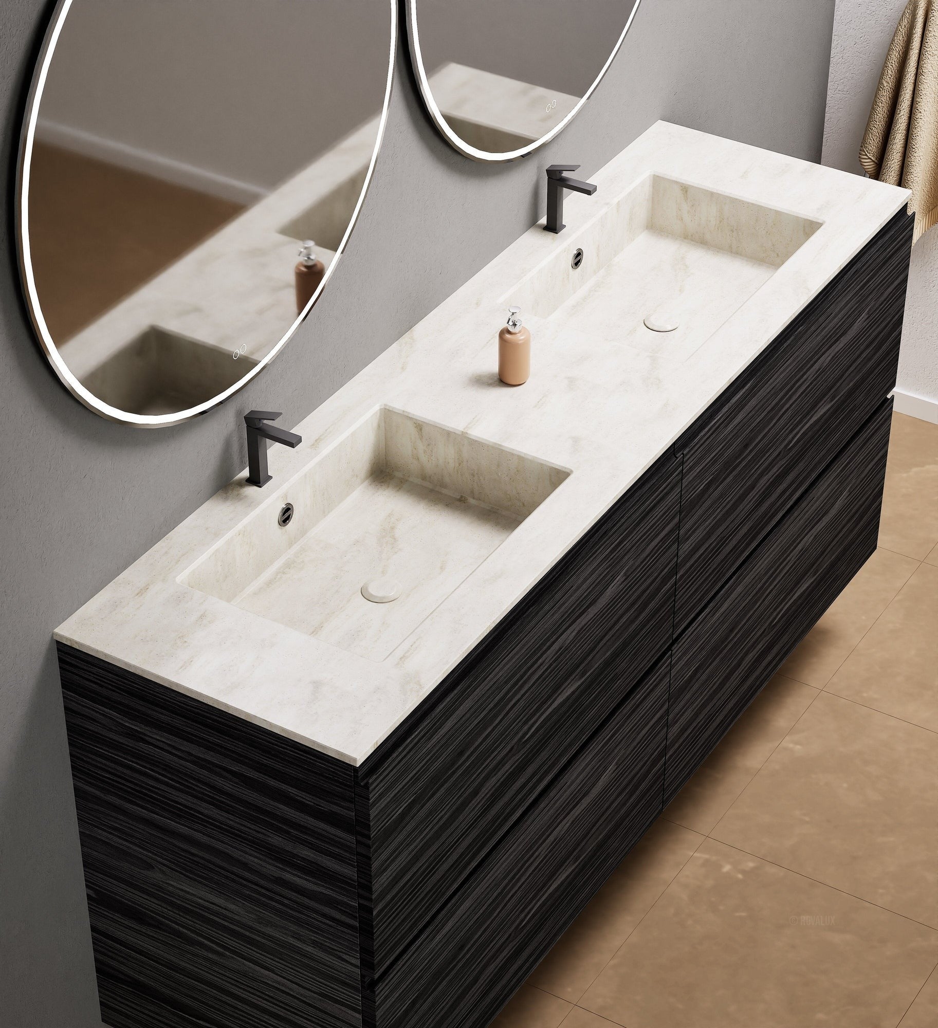 Aurora Double Set Classic – Corian Double Sinks & Countertop with 4 Drawers Vanity - ROVALUX