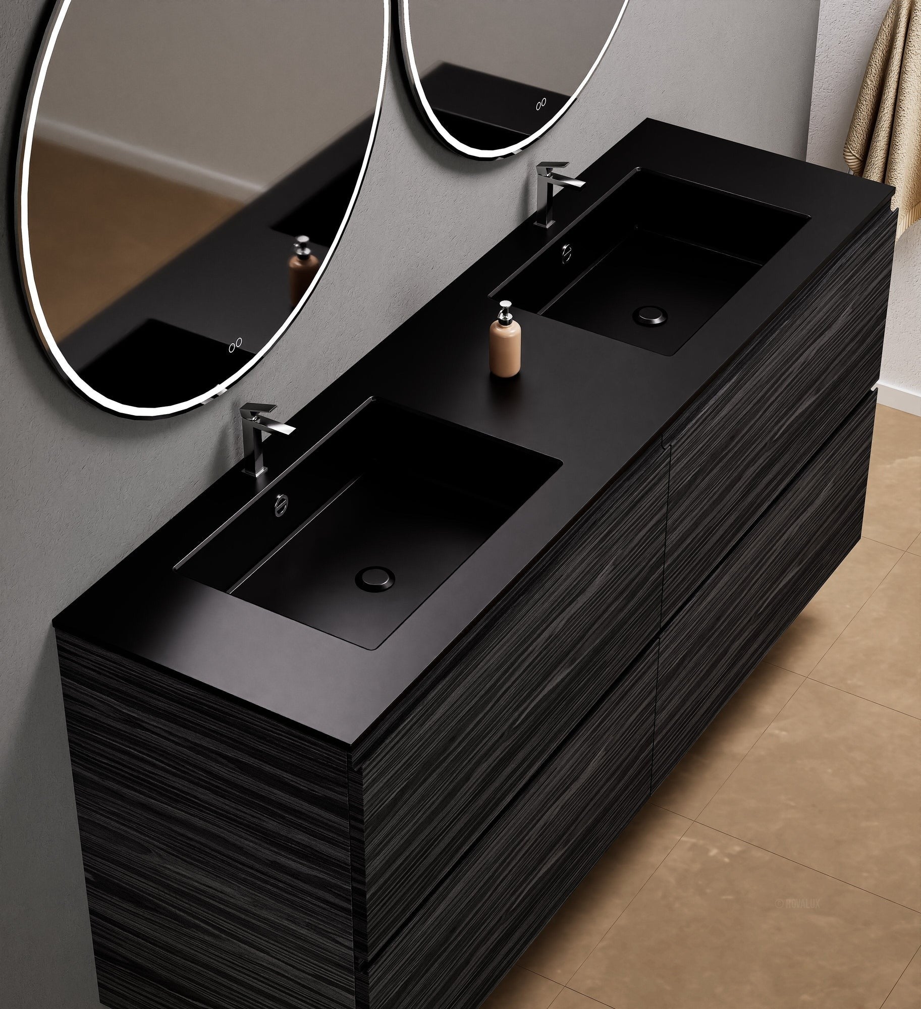 Aurora Double Set Classic – Corian Double Sinks & Countertop with 4 Drawers Vanity - ROVALUX