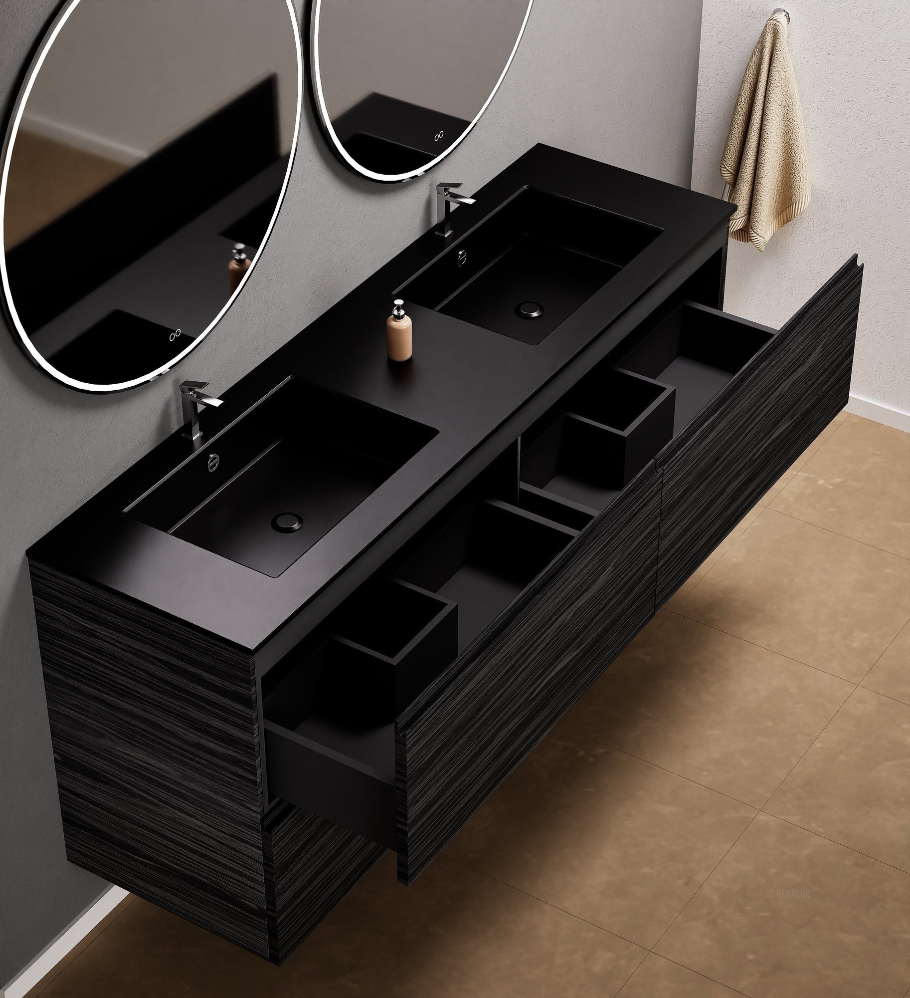 Aurora Double Set Classic – Corian Double Sinks & Countertop with 4 Drawers Vanity - ROVALUX