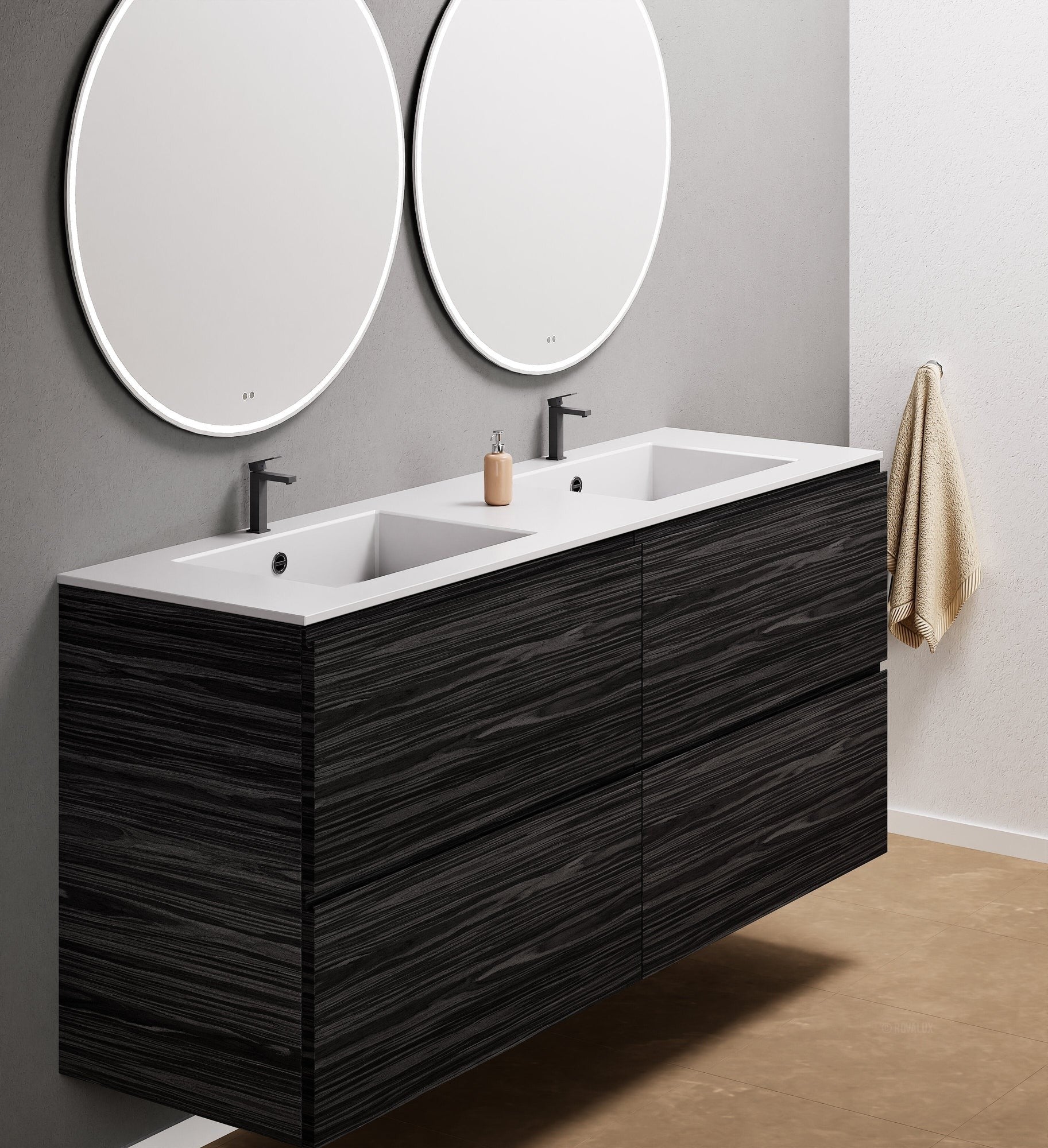Aurora Double Set Classic – Corian Double Sinks & Countertop with 4 Drawers Vanity - ROVALUX