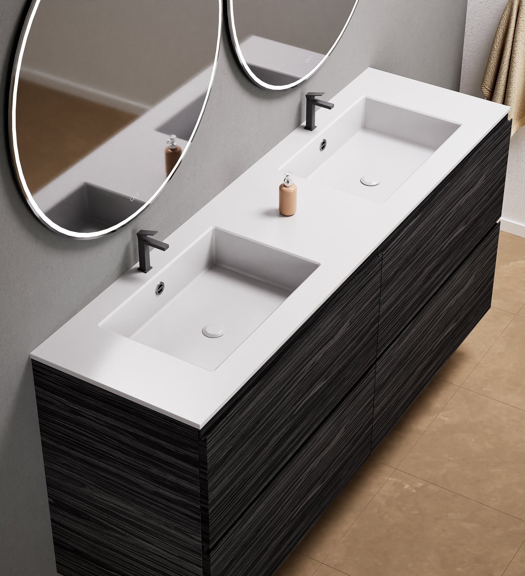 Aurora Double Set Classic – Corian Double Sinks & Countertop with 4 Drawers Vanity - ROVALUX