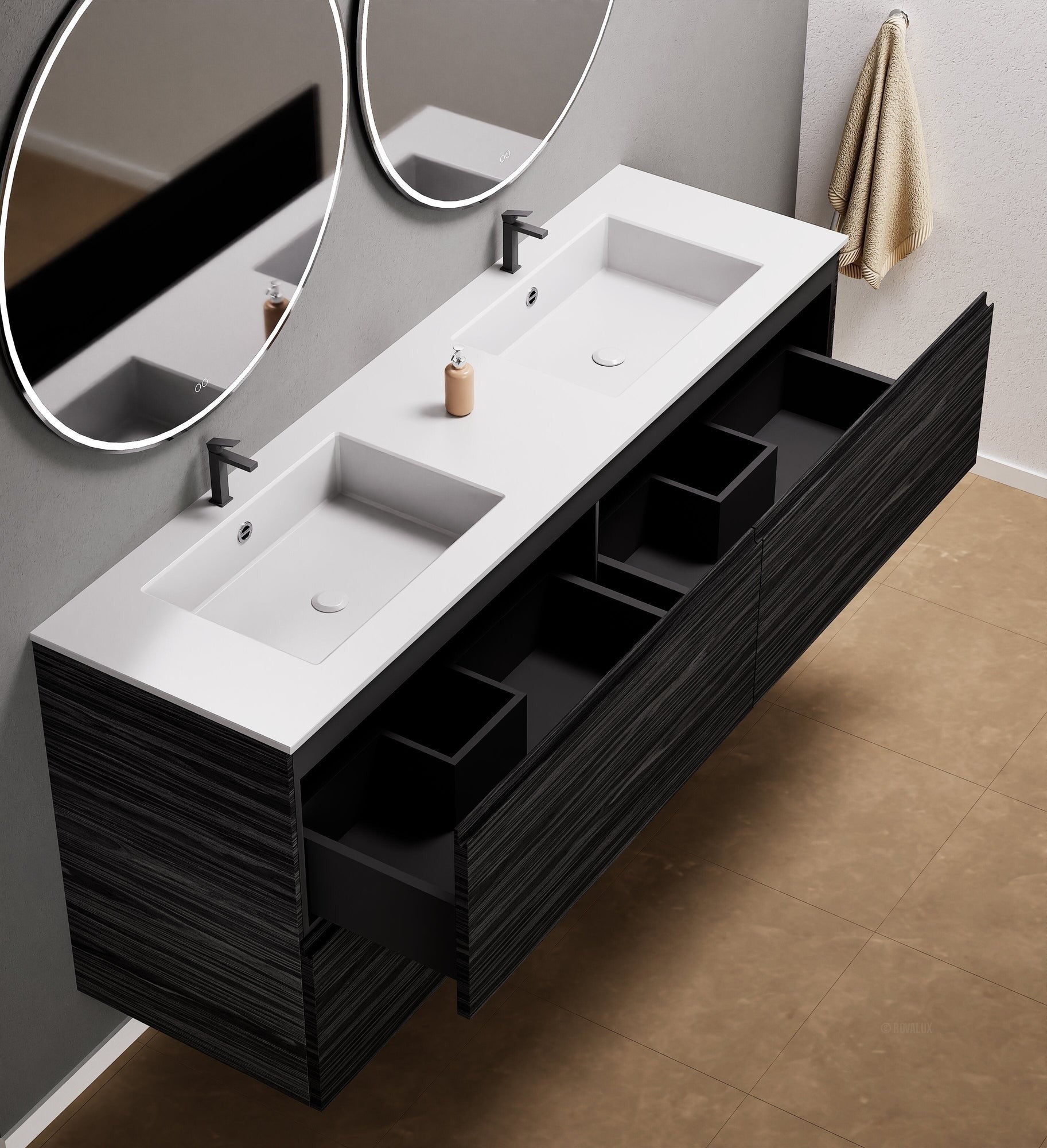 Aurora Double Set Classic – Corian Double Sinks & Countertop with 4 Drawers Vanity - ROVALUX