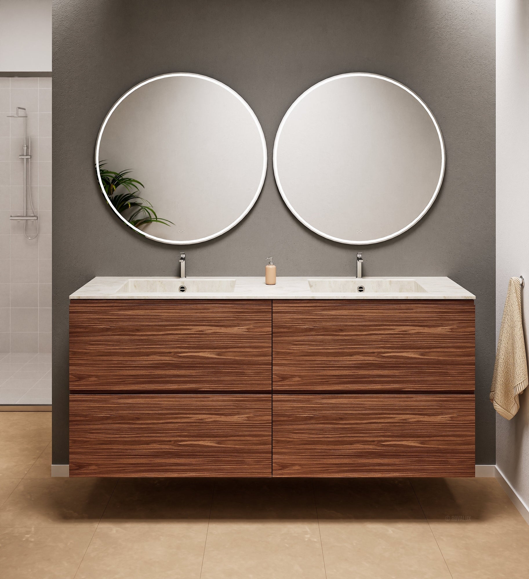 Aurora Double Set Classic – Corian Double Sinks & Countertop with 4 Drawers Vanity - ROVALUX