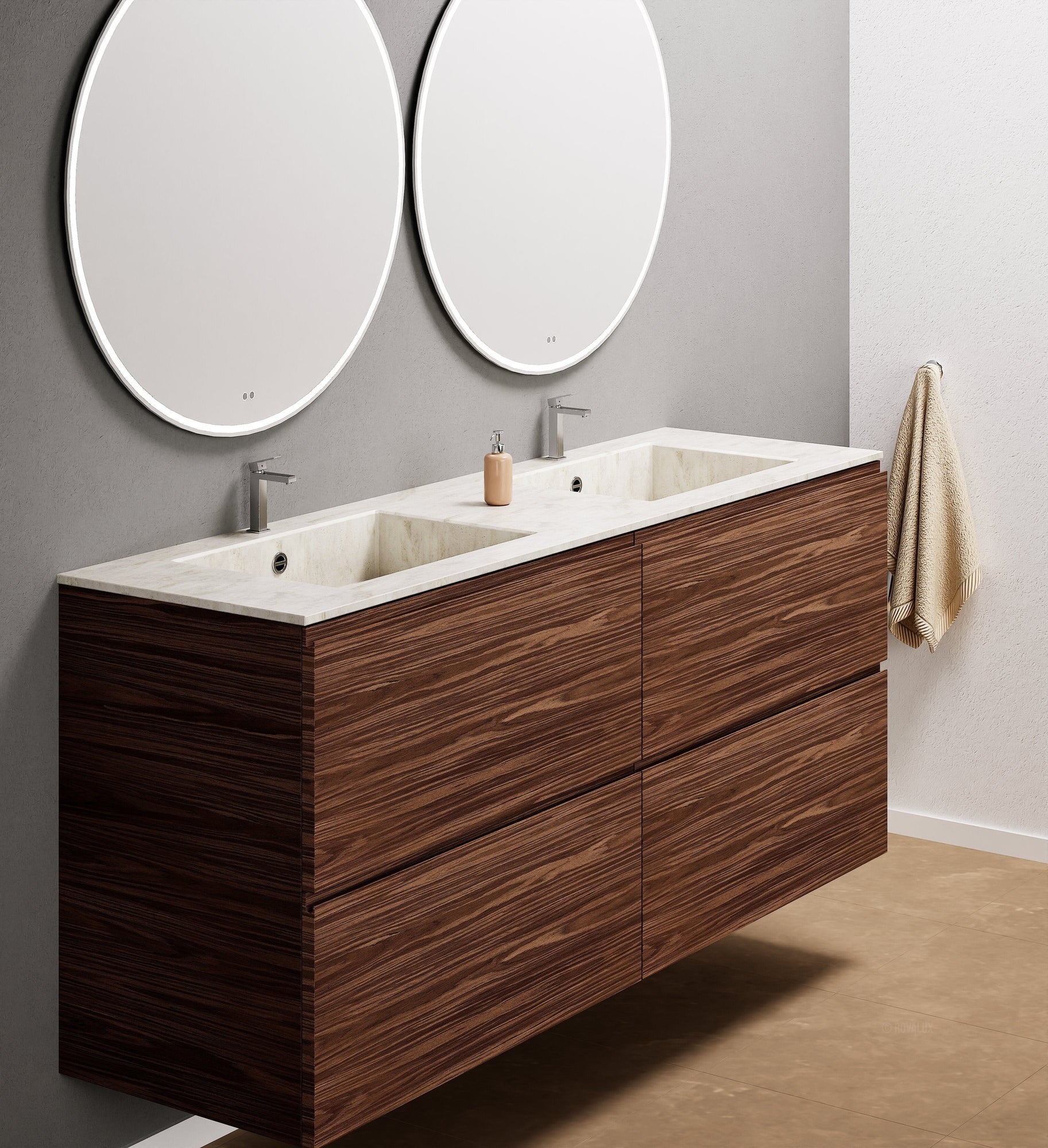 Aurora Double Set Classic – Corian Double Sinks & Countertop with 4 Drawers Vanity - ROVALUX