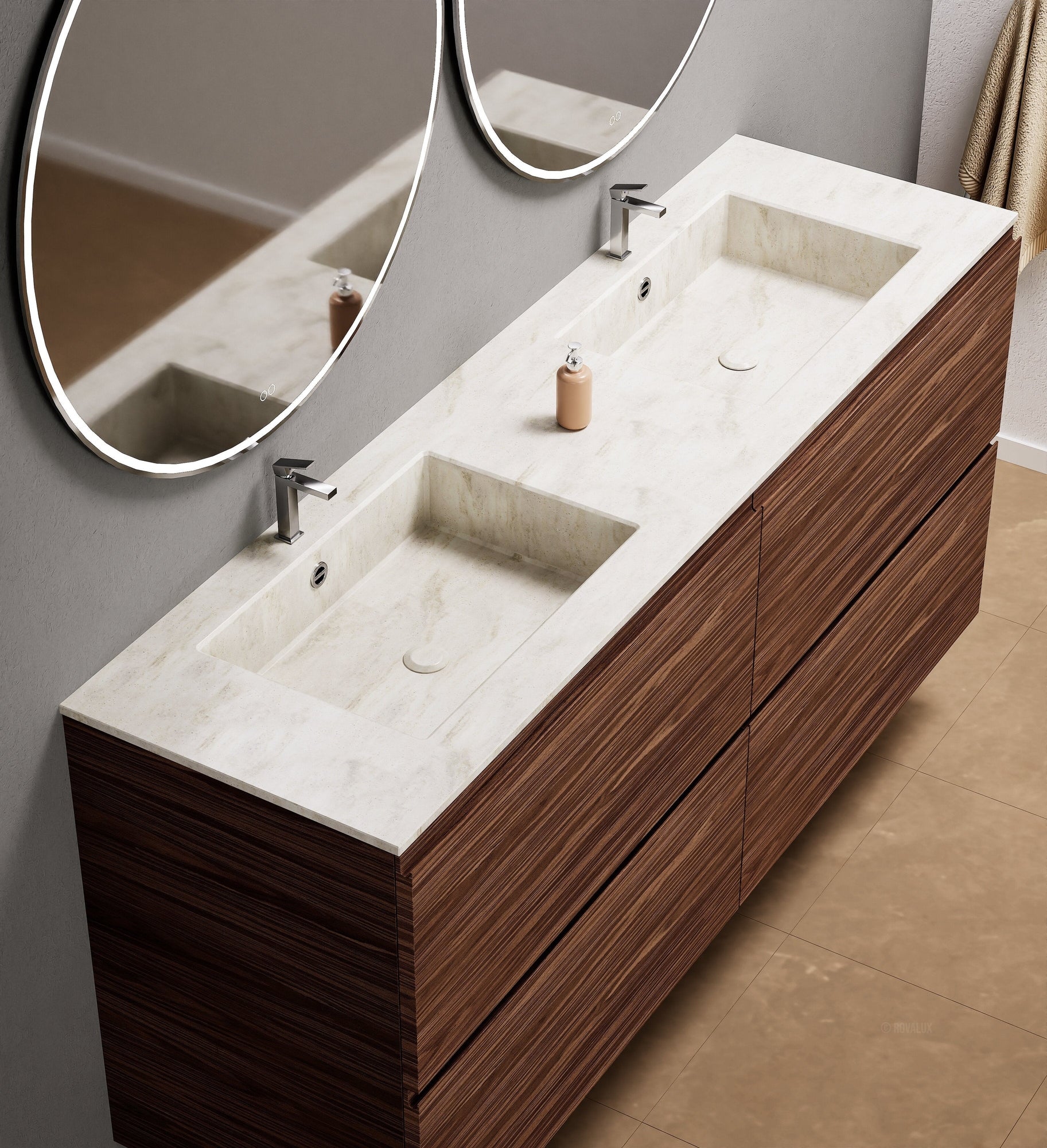 Aurora Double Set Classic – Corian Double Sinks & Countertop with 4 Drawers Vanity - ROVALUX