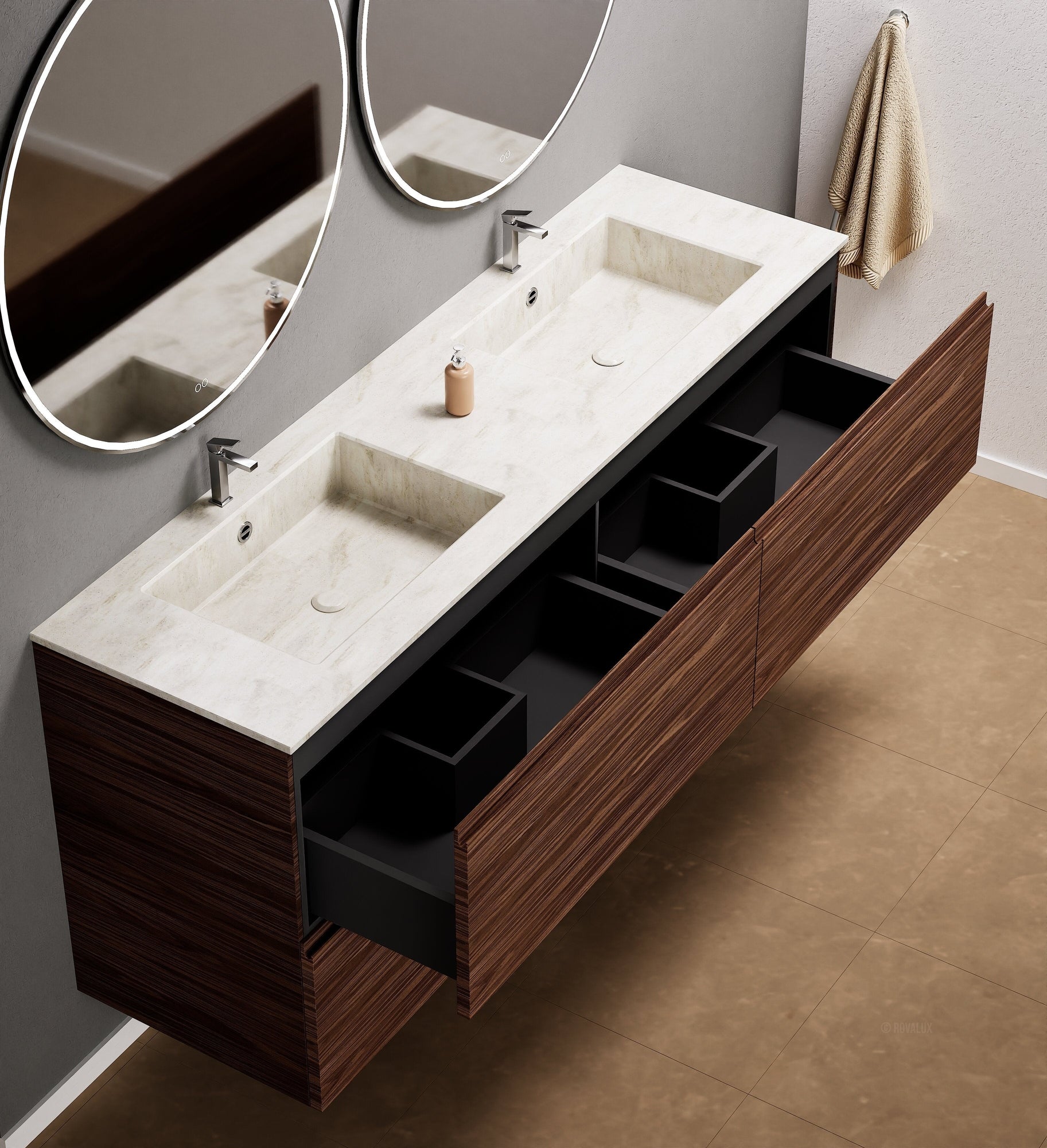 Aurora Double Set Classic – Corian Double Sinks & Countertop with 4 Drawers Vanity - ROVALUX
