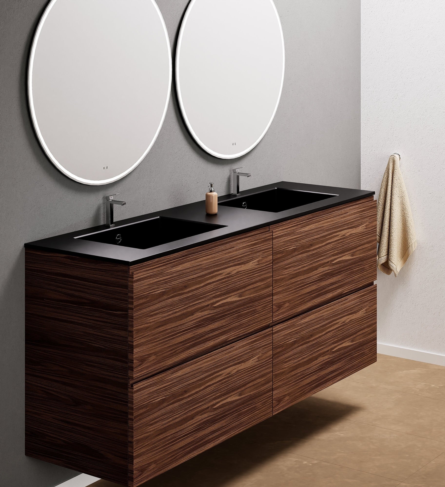 Aurora Double Set Classic – Corian Double Sinks & Countertop with 4 Drawers Vanity - ROVALUX