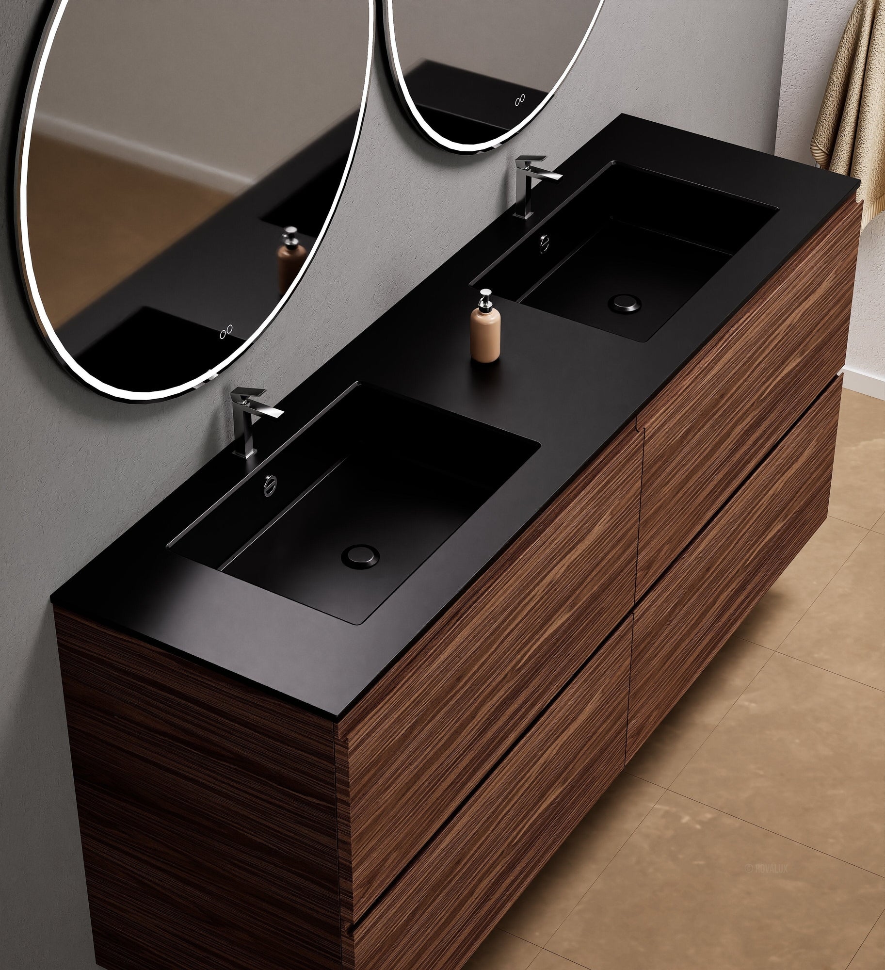 Aurora Double Set Classic – Corian Double Sinks & Countertop with 4 Drawers Vanity - ROVALUX