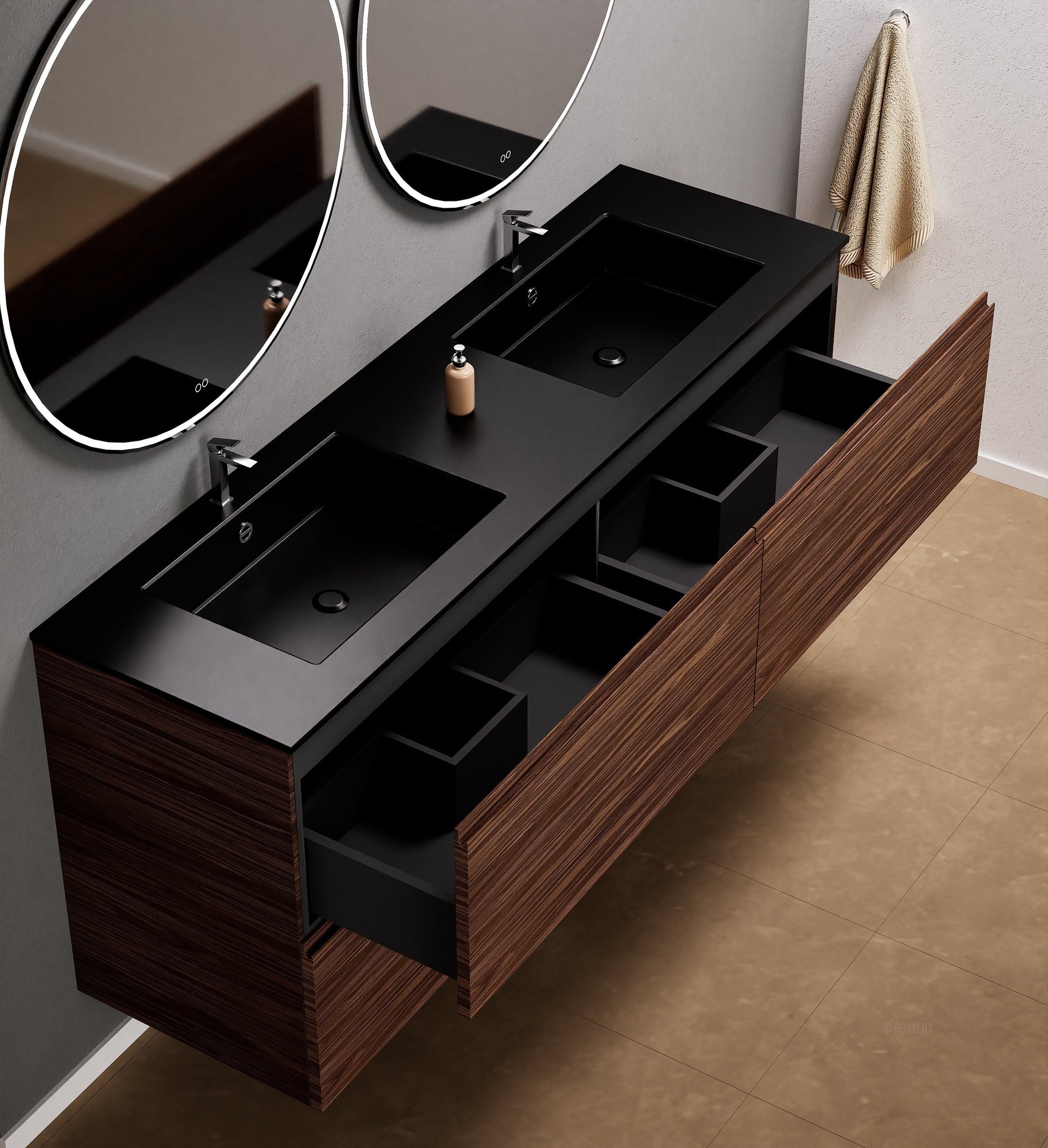 Aurora Double Set Classic – Corian Double Sinks & Countertop with 4 Drawers Vanity - ROVALUX