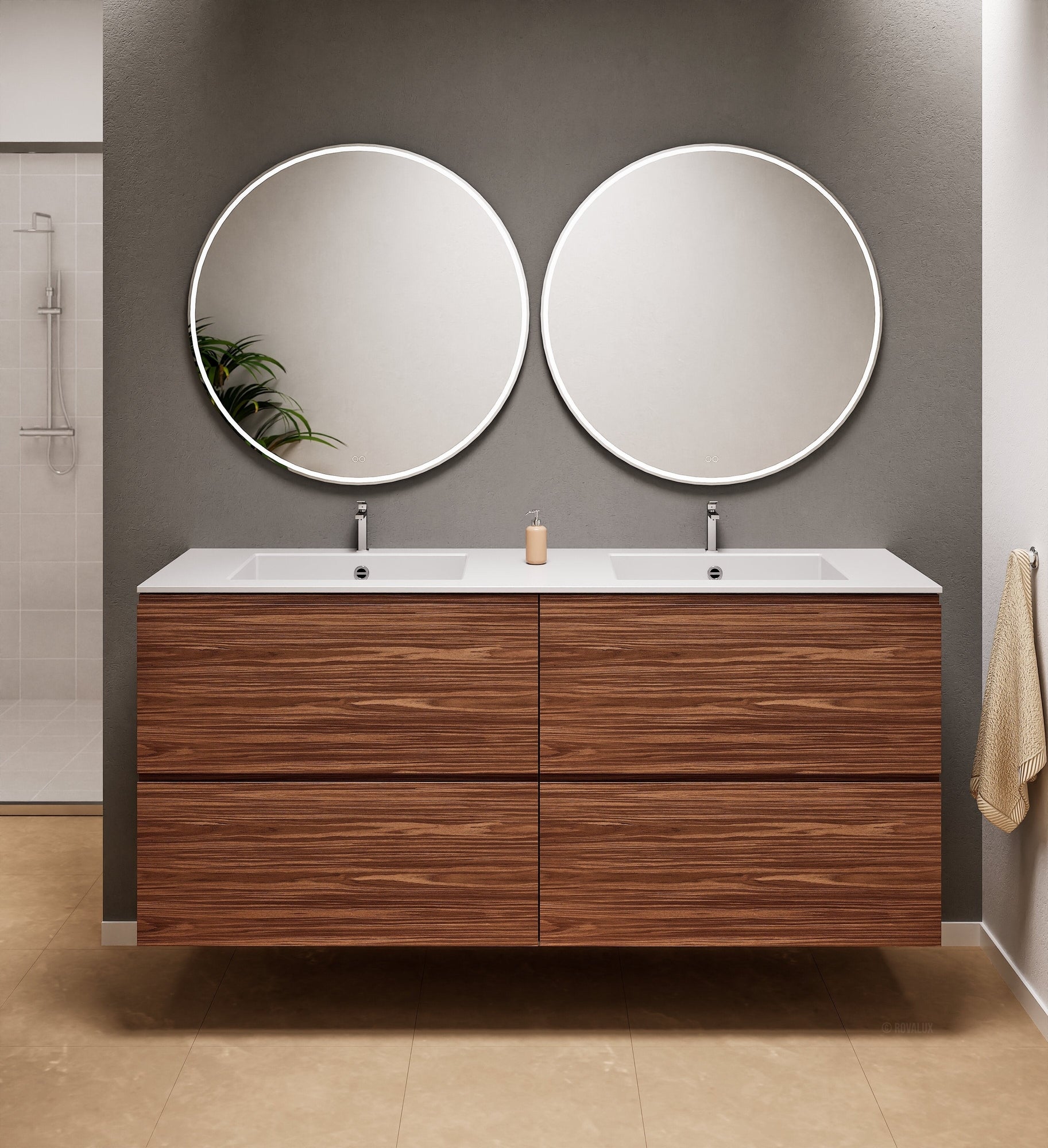 Aurora Double Set Classic – Corian Double Sinks & Countertop with 4 Drawers Vanity - ROVALUX