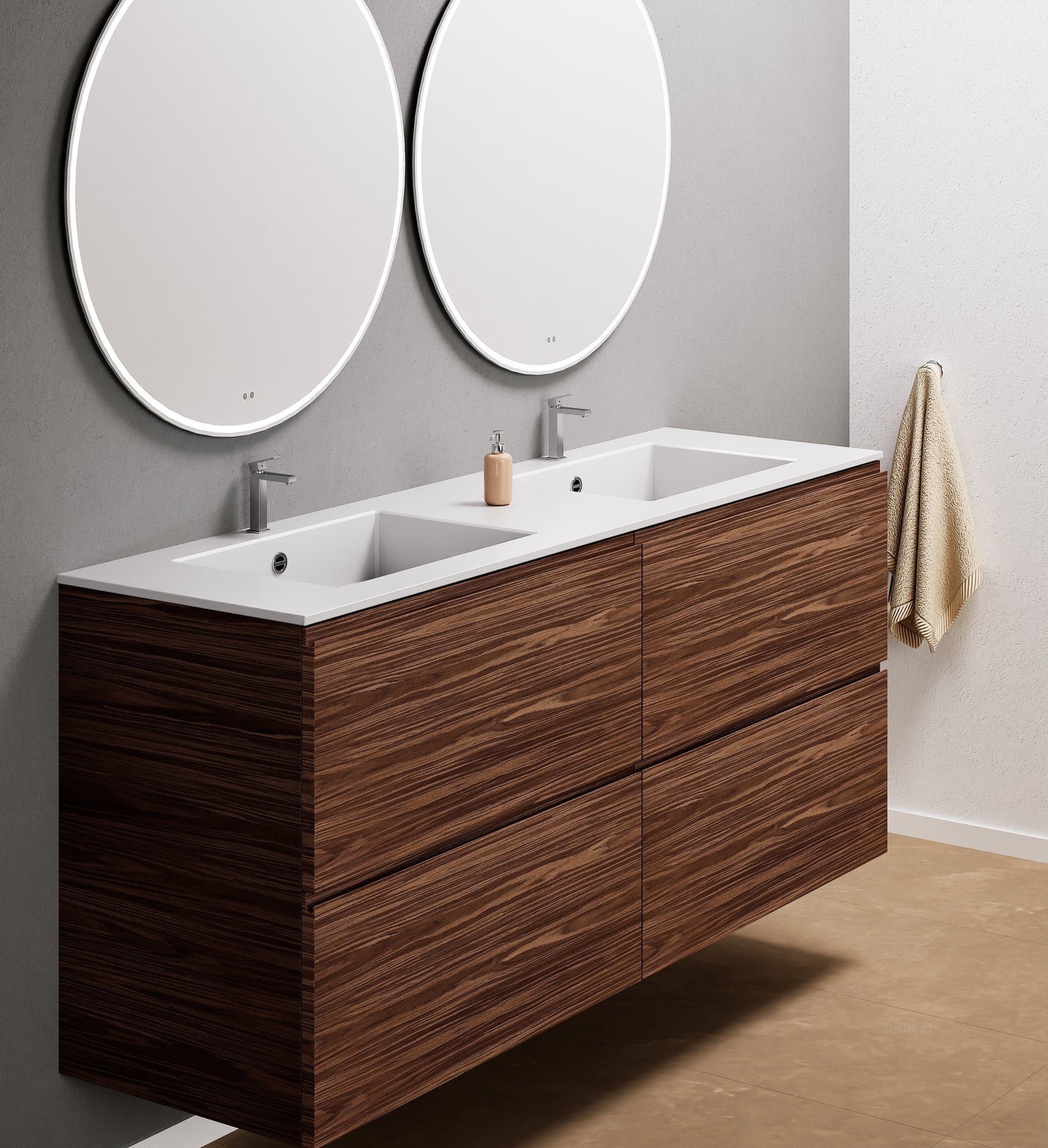 Aurora Double Set Classic – Corian Double Sinks & Countertop with 4 Drawers Vanity - ROVALUX