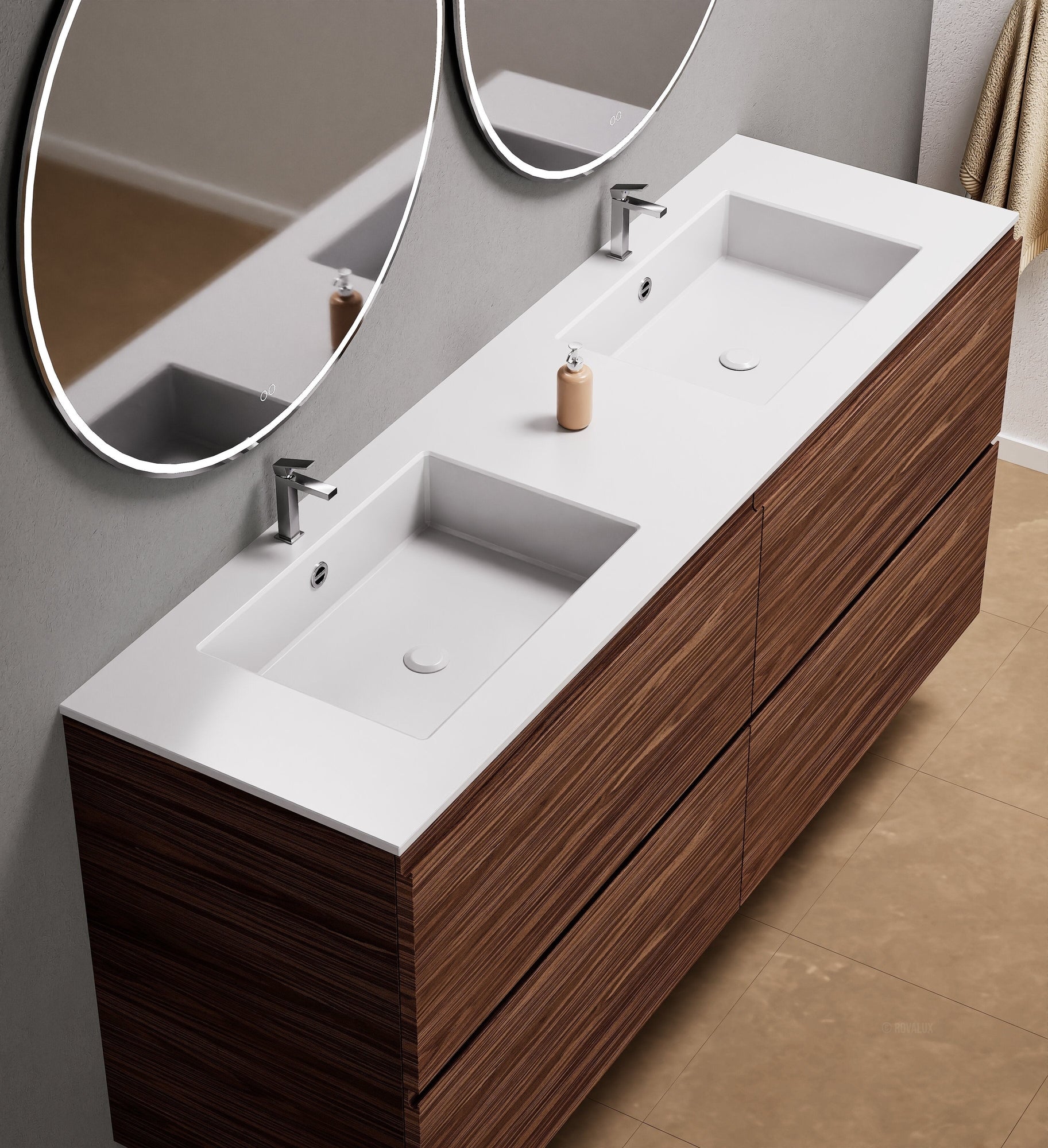 Aurora Double Set Classic – Corian Double Sinks & Countertop with 4 Drawers Vanity - ROVALUX