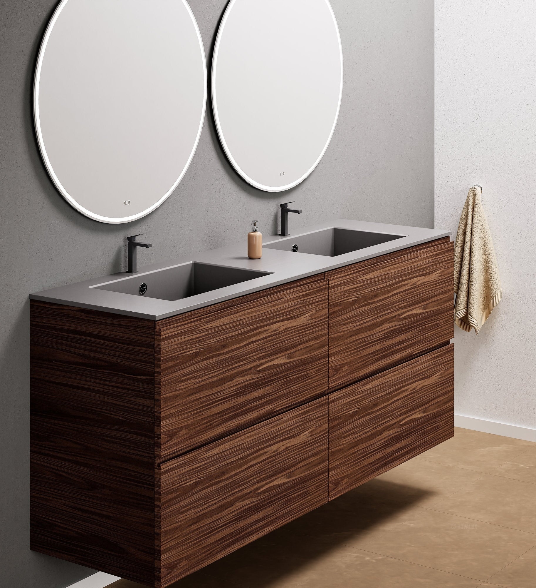 Aurora Double Set Classic – Corian Double Sinks & Countertop with 4 Drawers Vanity - ROVALUX