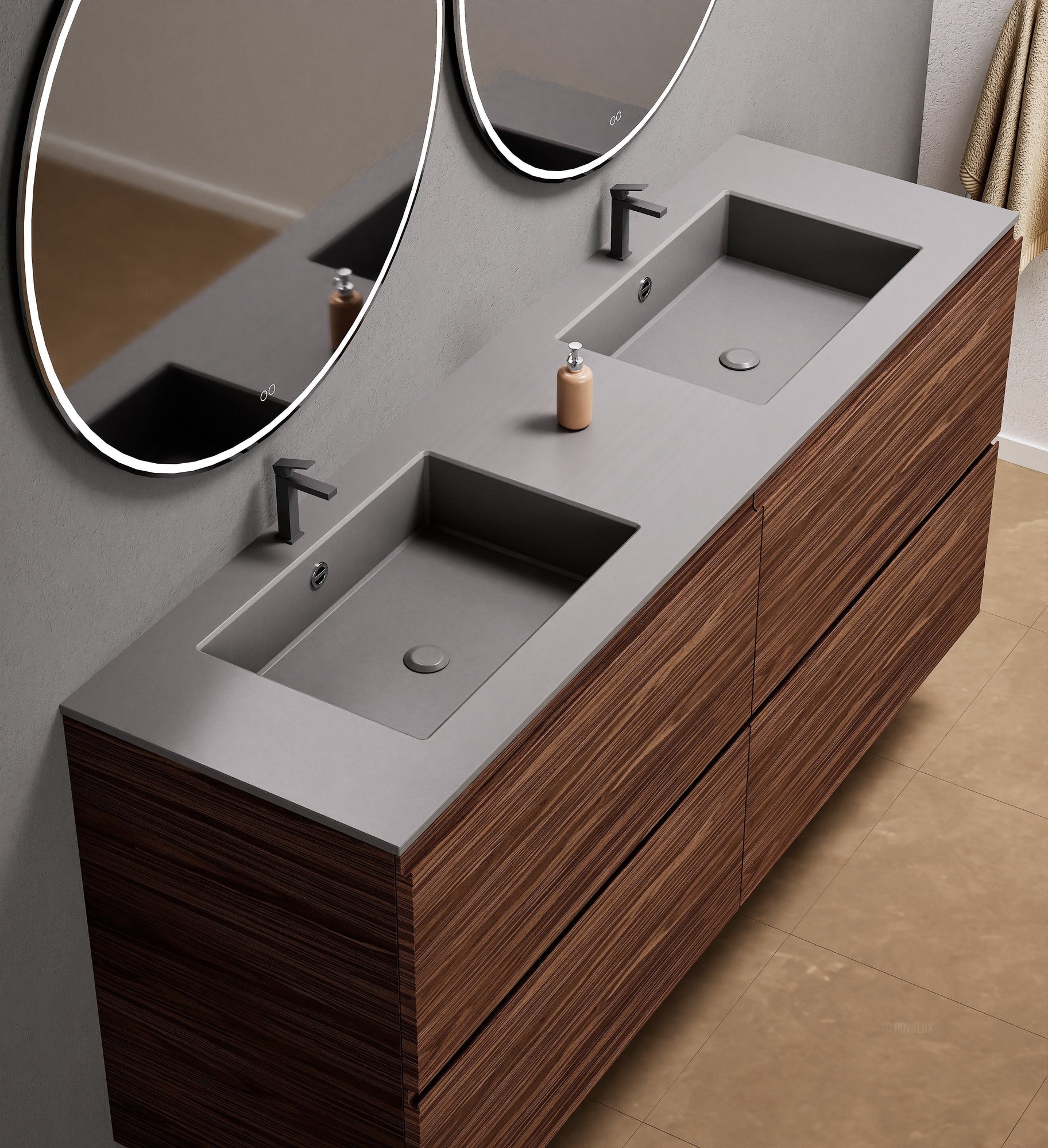 Aurora Double Set Classic – Corian Double Sinks & Countertop with 4 Drawers Vanity - ROVALUX