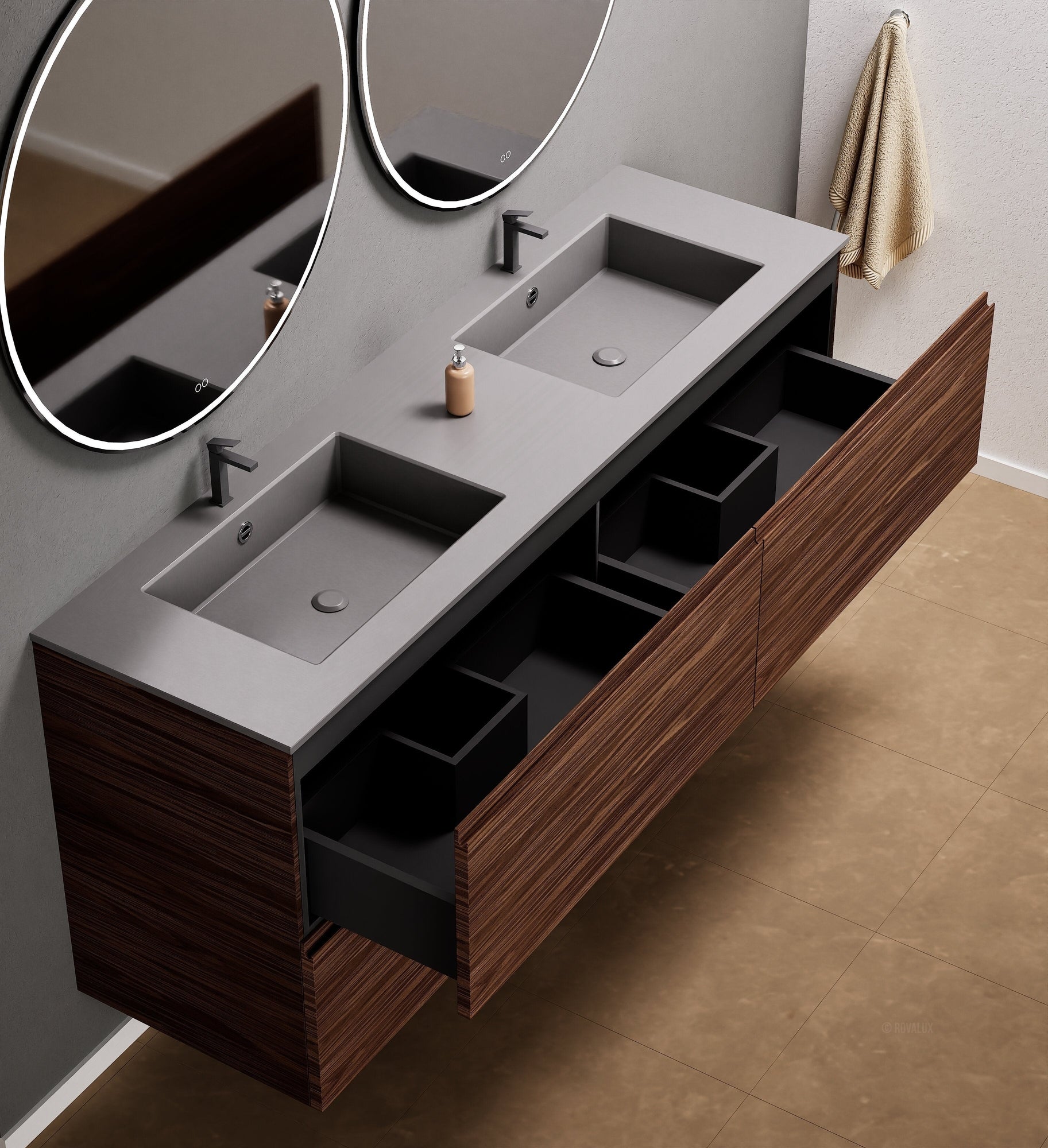 Aurora Double Set Classic – Corian Double Sinks & Countertop with 4 Drawers Vanity - ROVALUX
