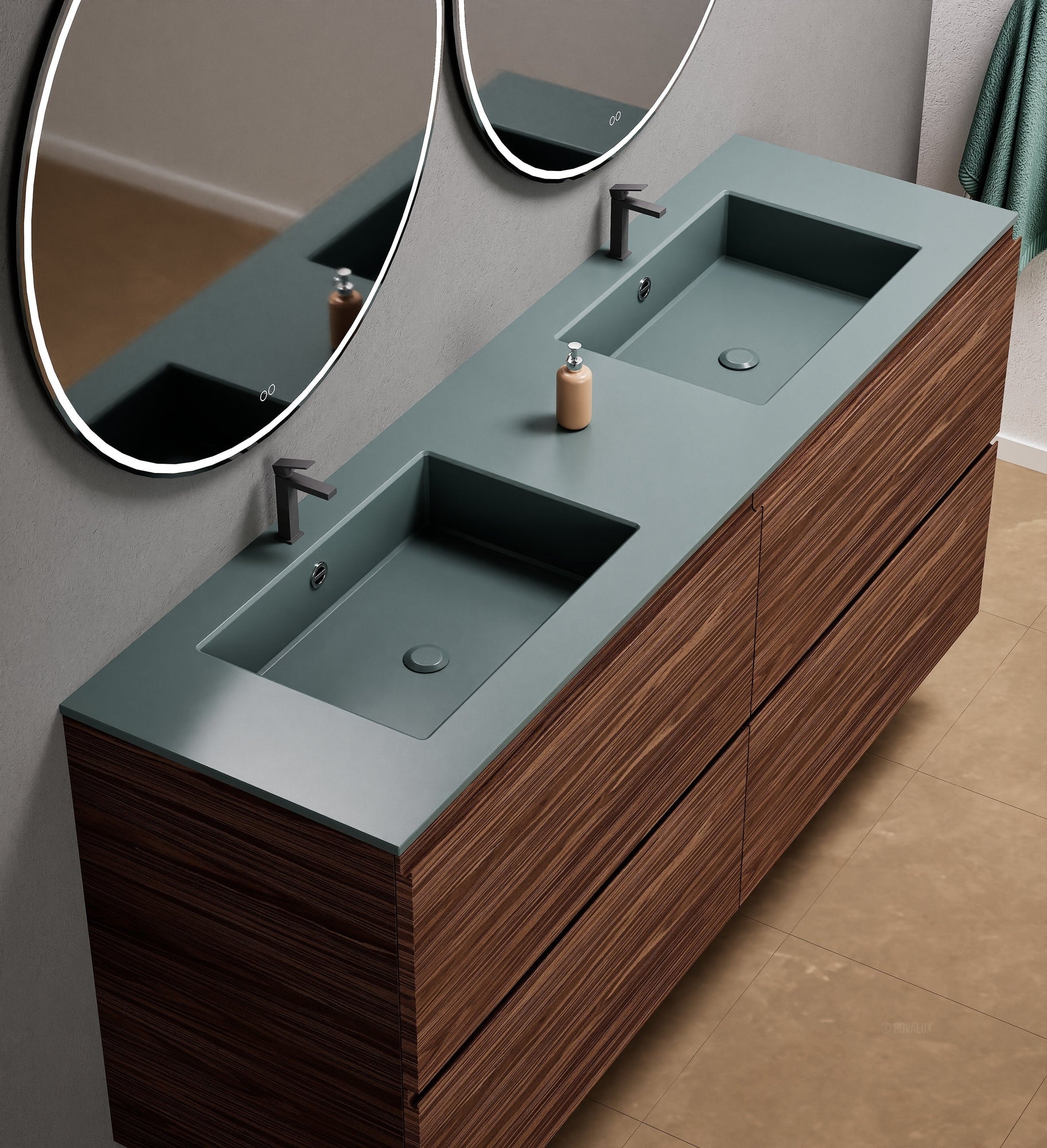 Aurora Double Set Classic – Corian Double Sinks & Countertop with 4 Drawers Vanity - ROVALUX