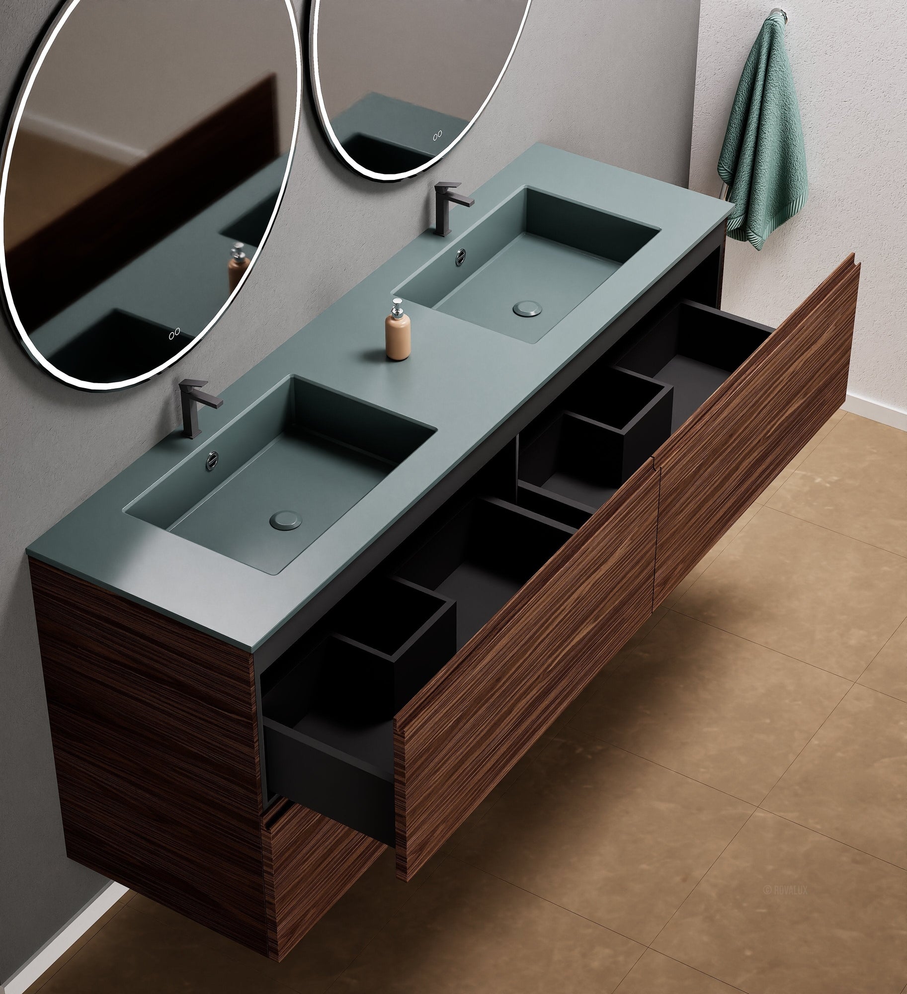 Aurora Double Set Classic – Corian Double Sinks & Countertop with 4 Drawers Vanity - ROVALUX