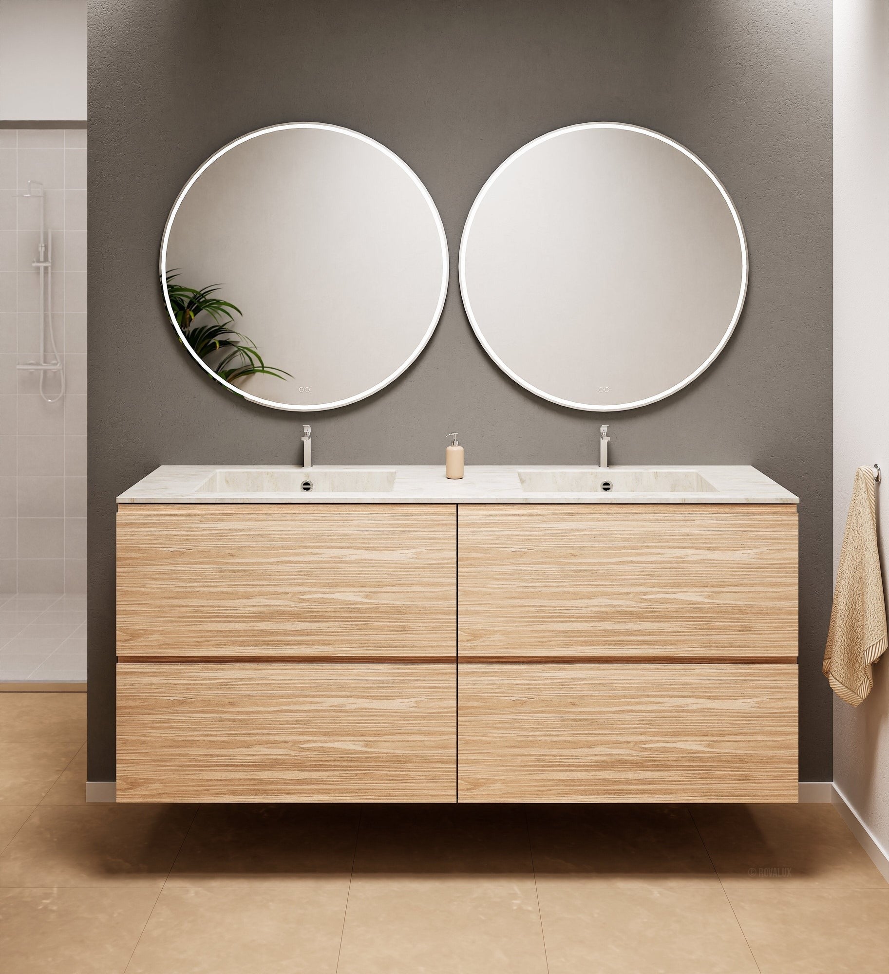 Aurora Double Set Classic – Corian Double Sinks & Countertop with 4 Drawers Vanity - ROVALUX
