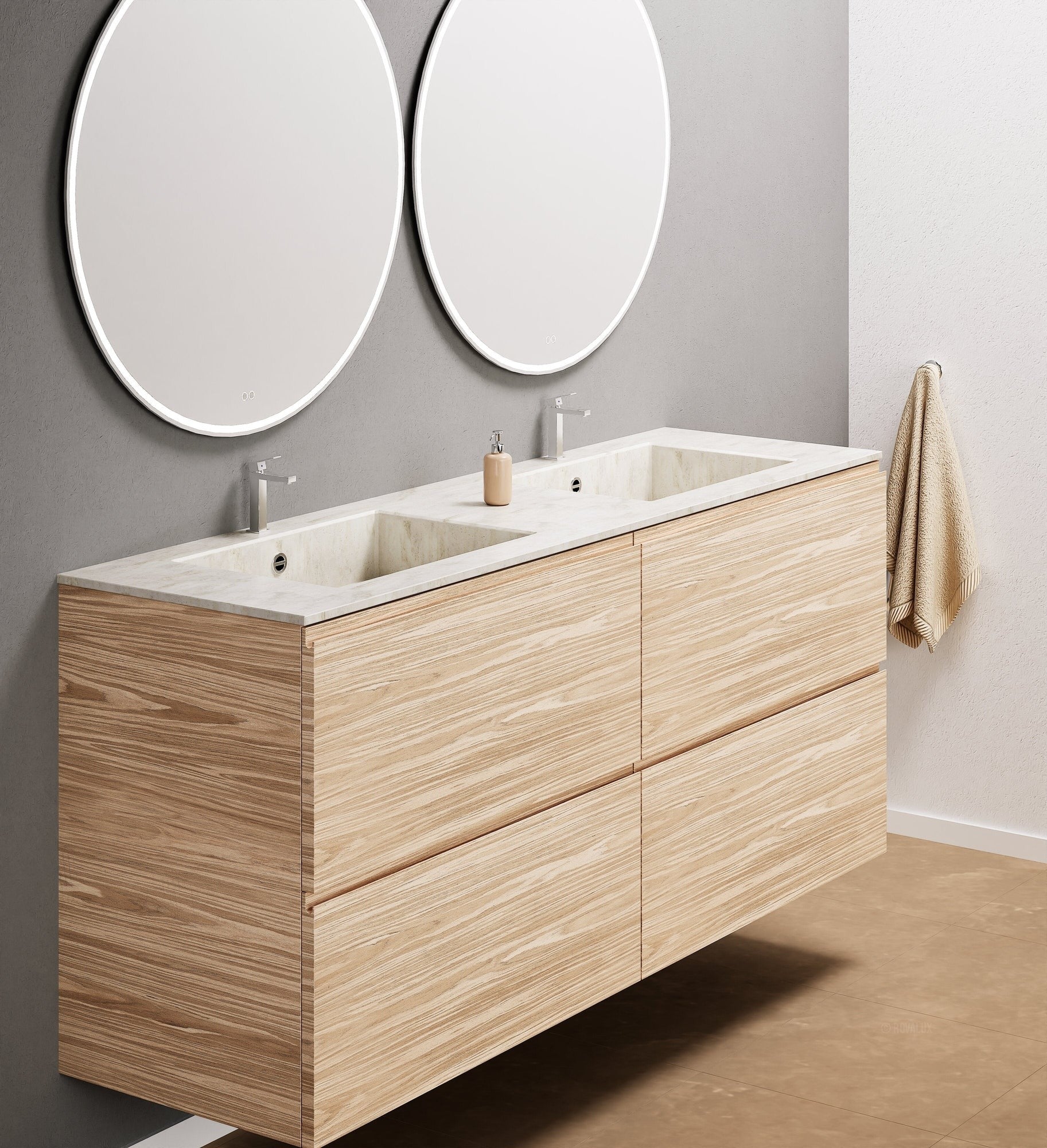 Aurora Double Set Classic – Corian Double Sinks & Countertop with 4 Drawers Vanity - ROVALUX