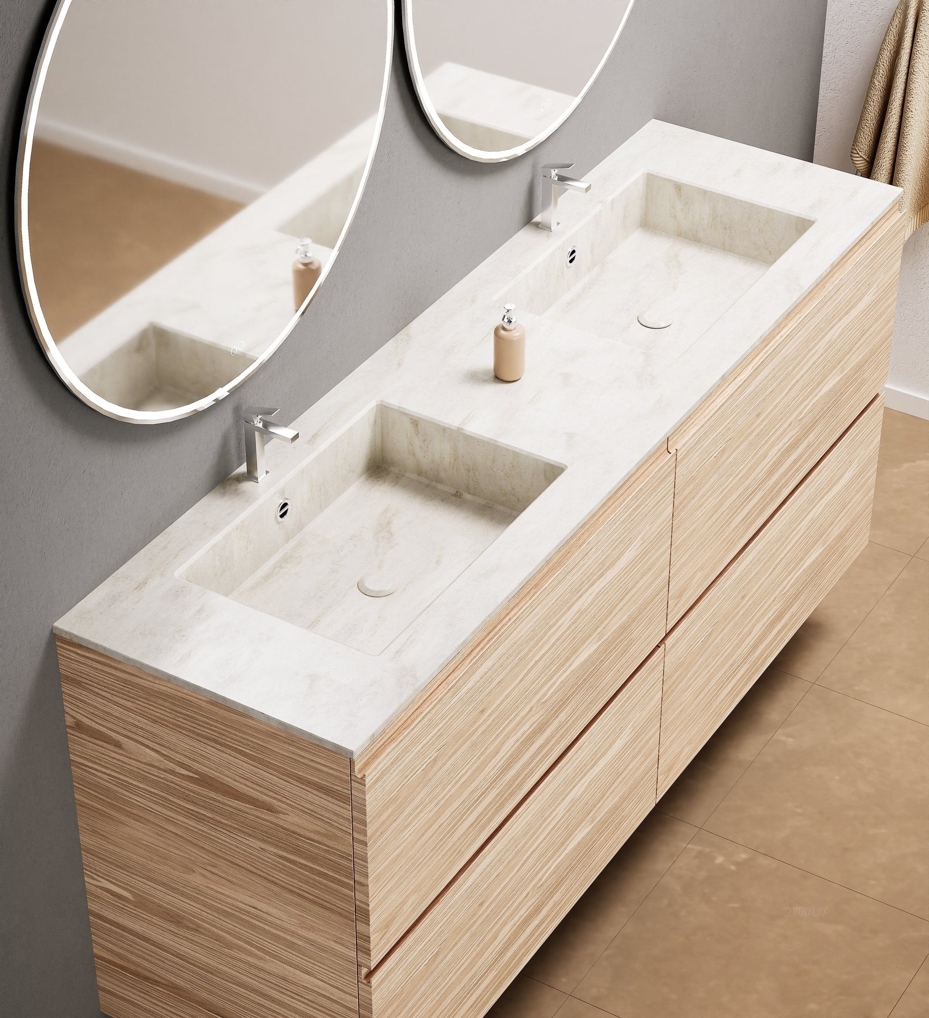 Aurora Double Set Classic – Corian Double Sinks & Countertop with 4 Drawers Vanity - ROVALUX
